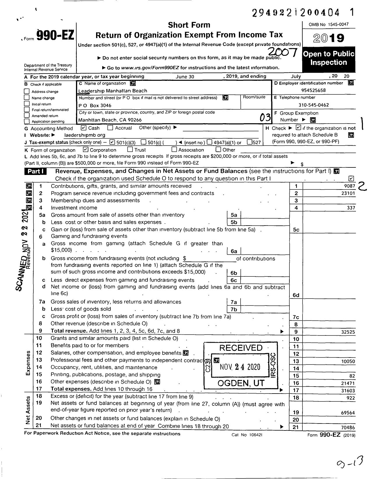 Image of first page of 2019 Form 990EZ for Leadership Manhattan Beach