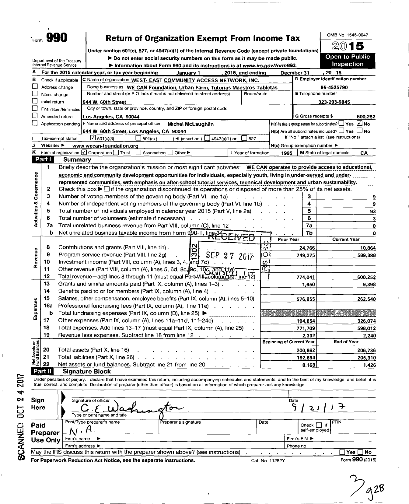 Image of first page of 2015 Form 990 for West East Community Access Network Foundation