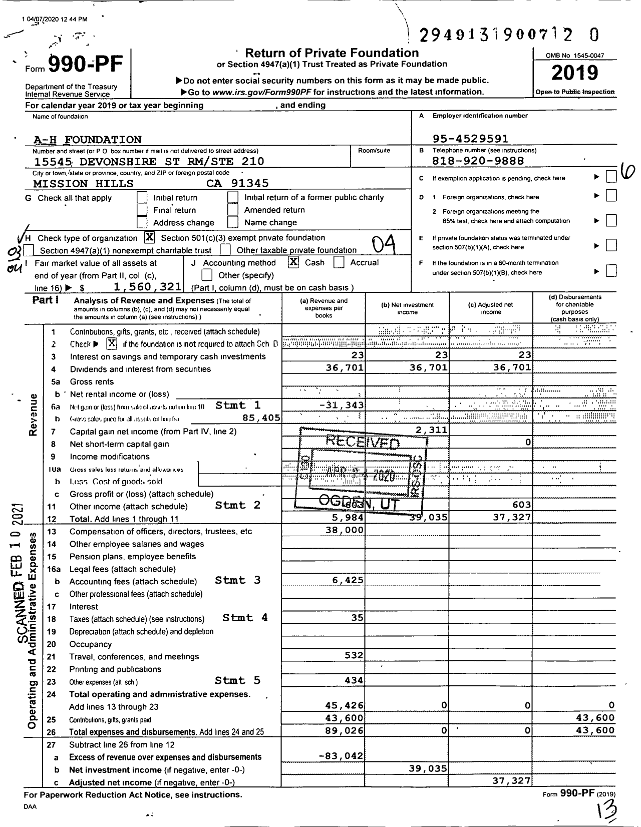 Image of first page of 2019 Form 990PF for The A-H Foundation