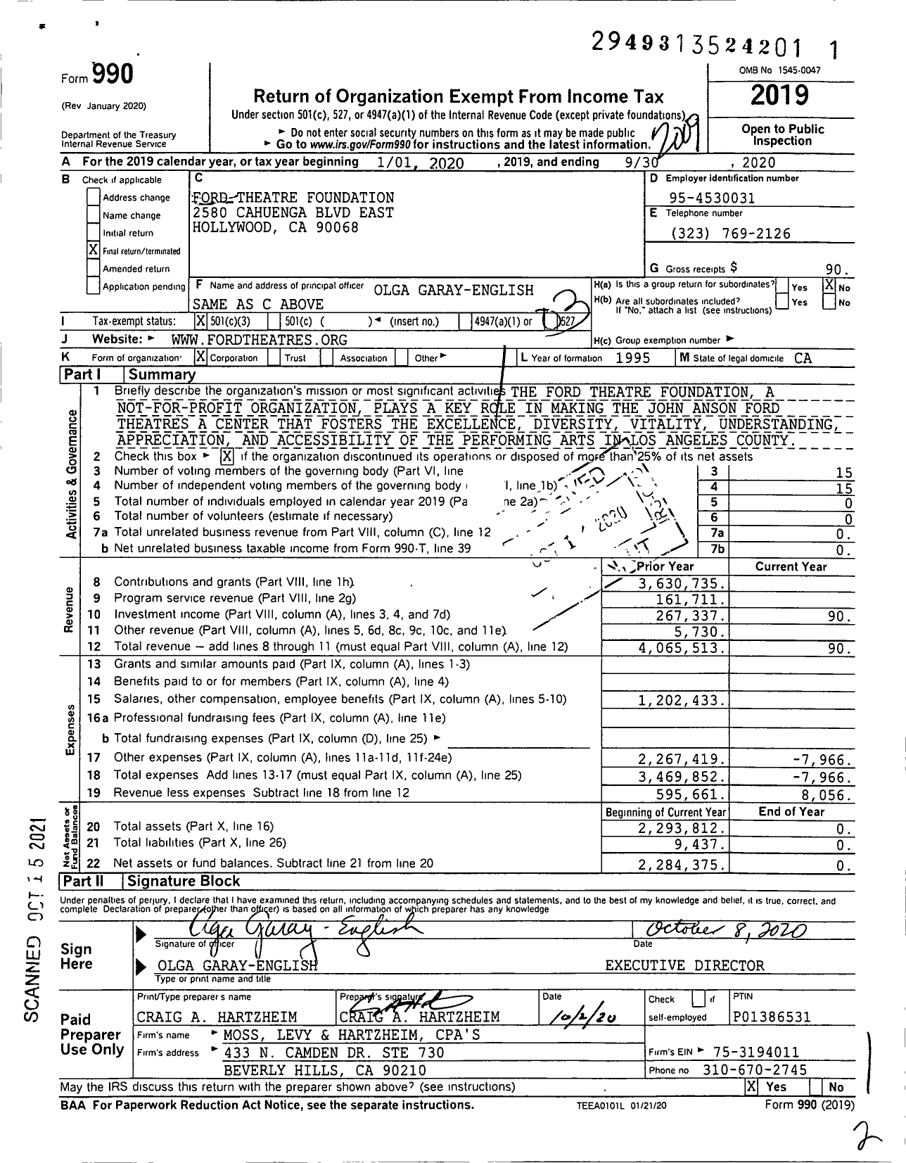 Image of first page of 2019 Form 990 for Ford Theatre Foundation