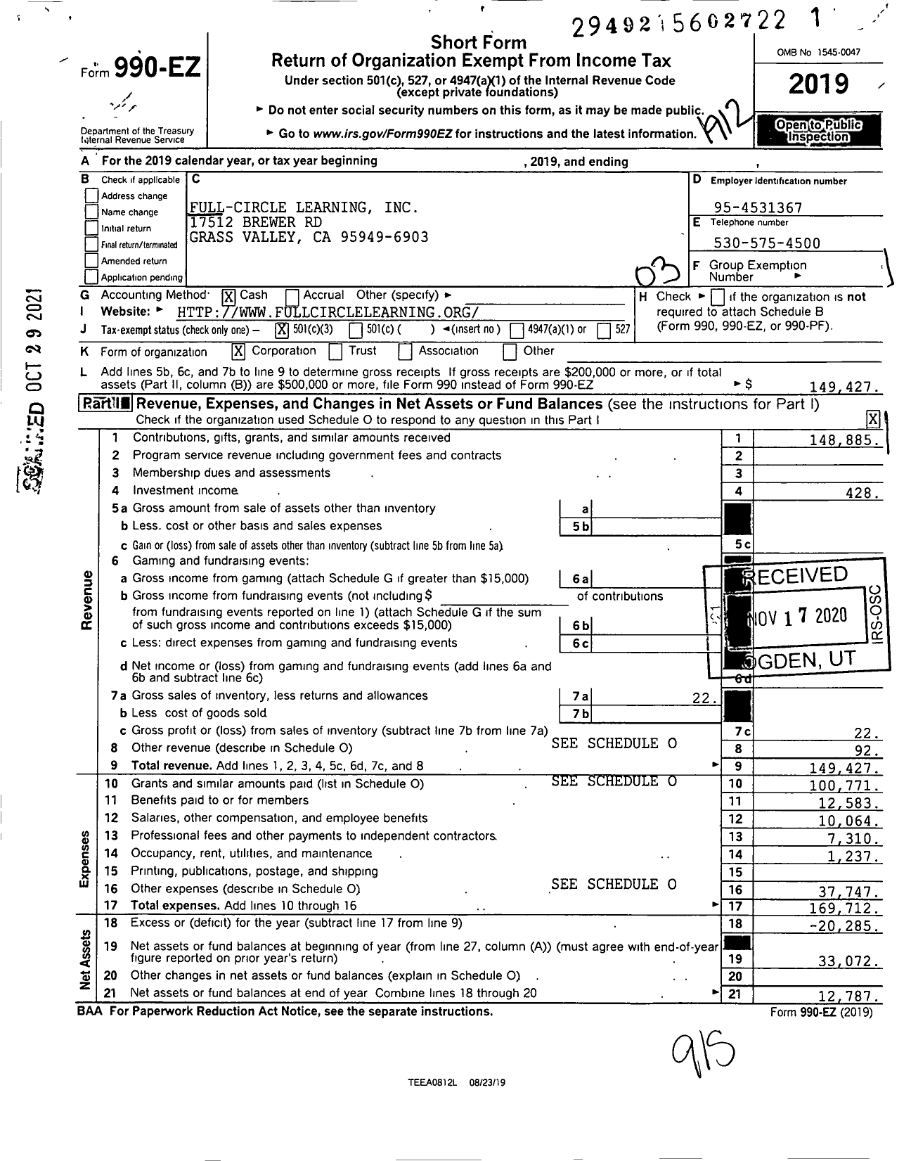 Image of first page of 2019 Form 990EZ for Full-Circle Learning