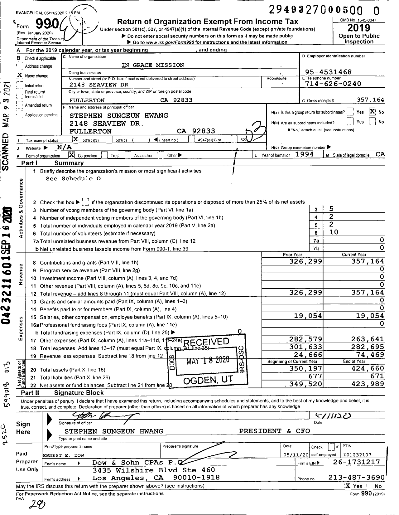 Image of first page of 2019 Form 990 for In Grace Mission