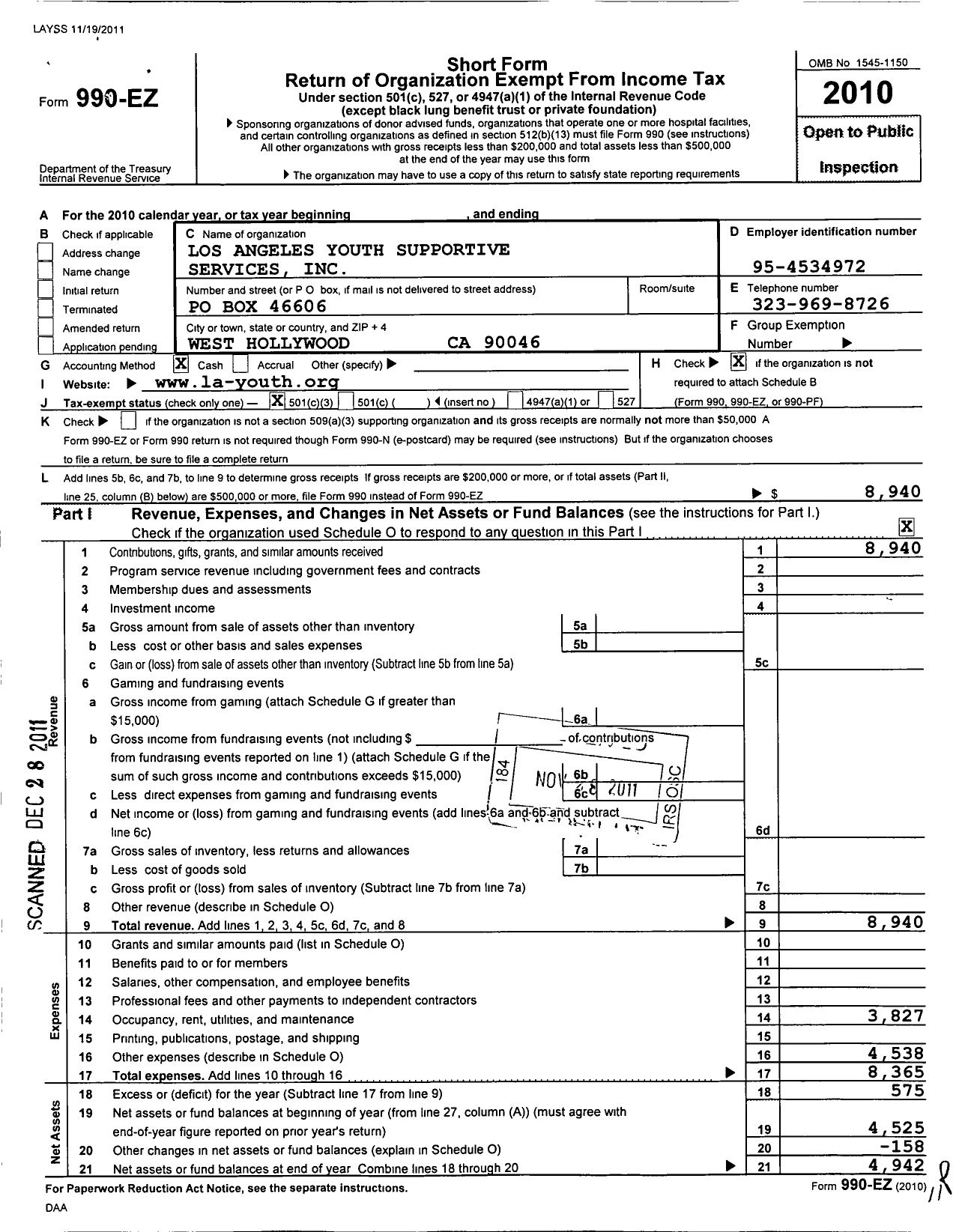 Image of first page of 2010 Form 990EZ for Los Angeles Youth Supportive Services