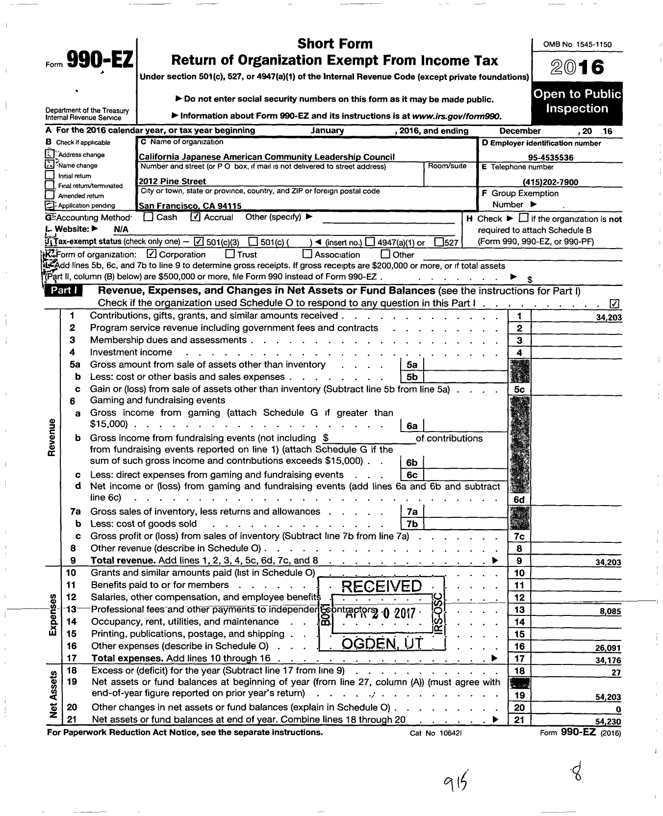 Image of first page of 2016 Form 990EZ for California Japanese American Community Leadership