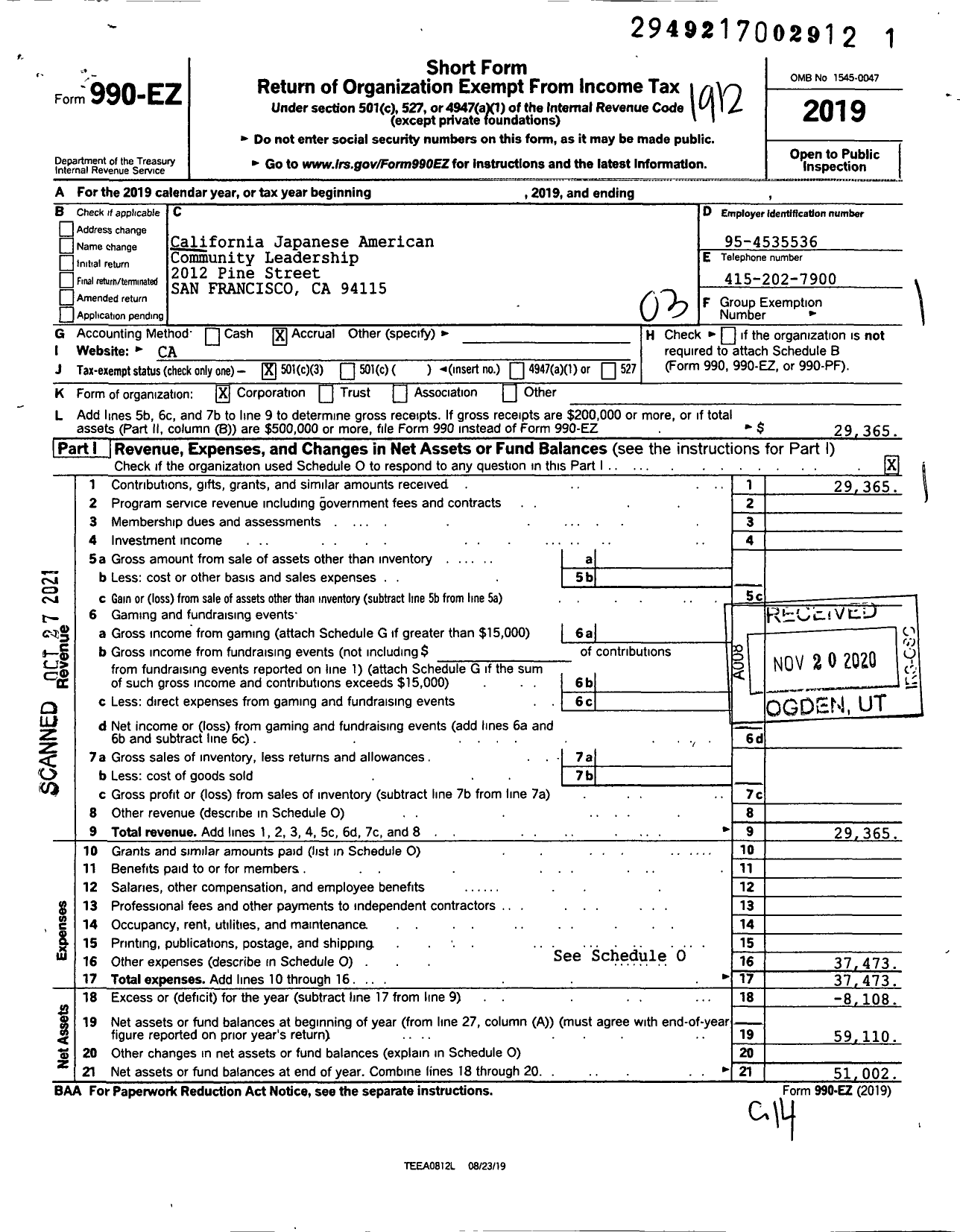 Image of first page of 2019 Form 990EZ for California Japanese American Community Leadership