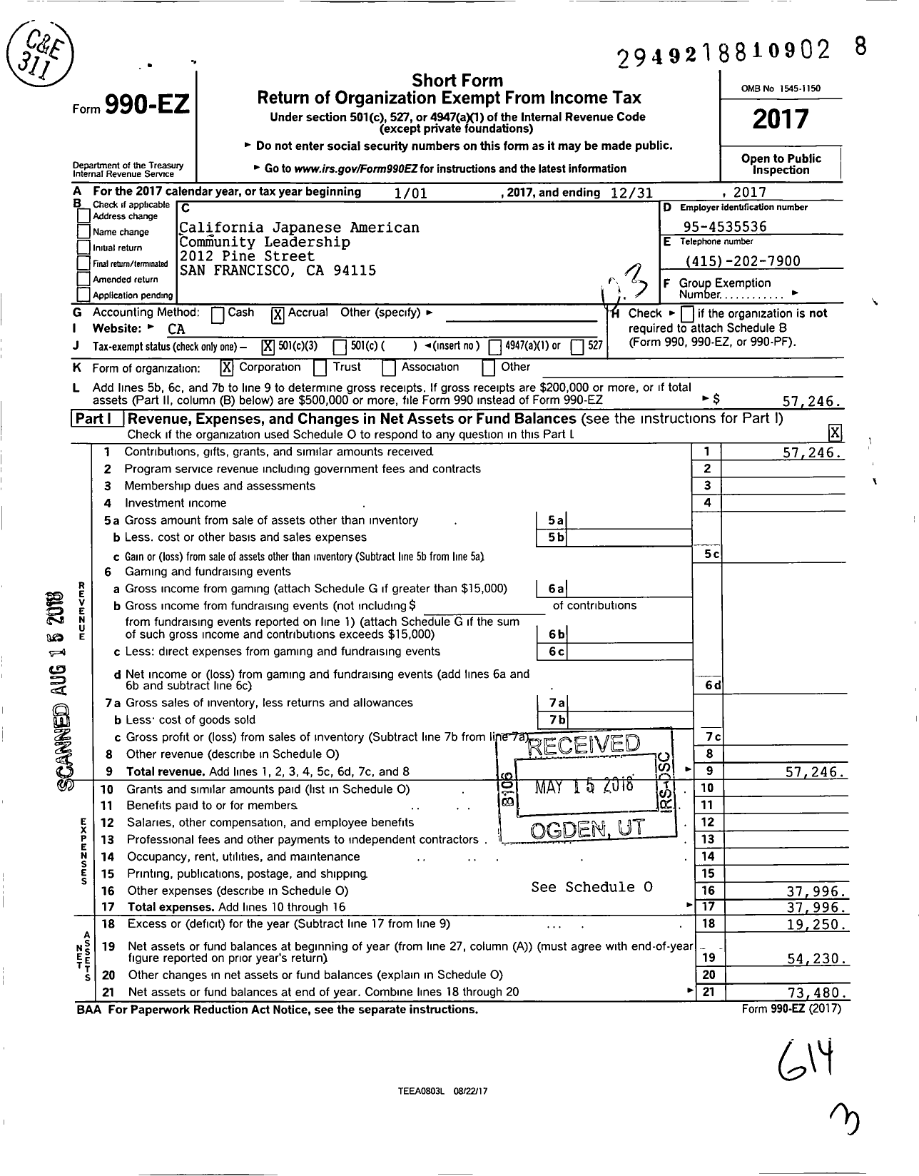 Image of first page of 2017 Form 990EZ for California Japanese American Community Leadership