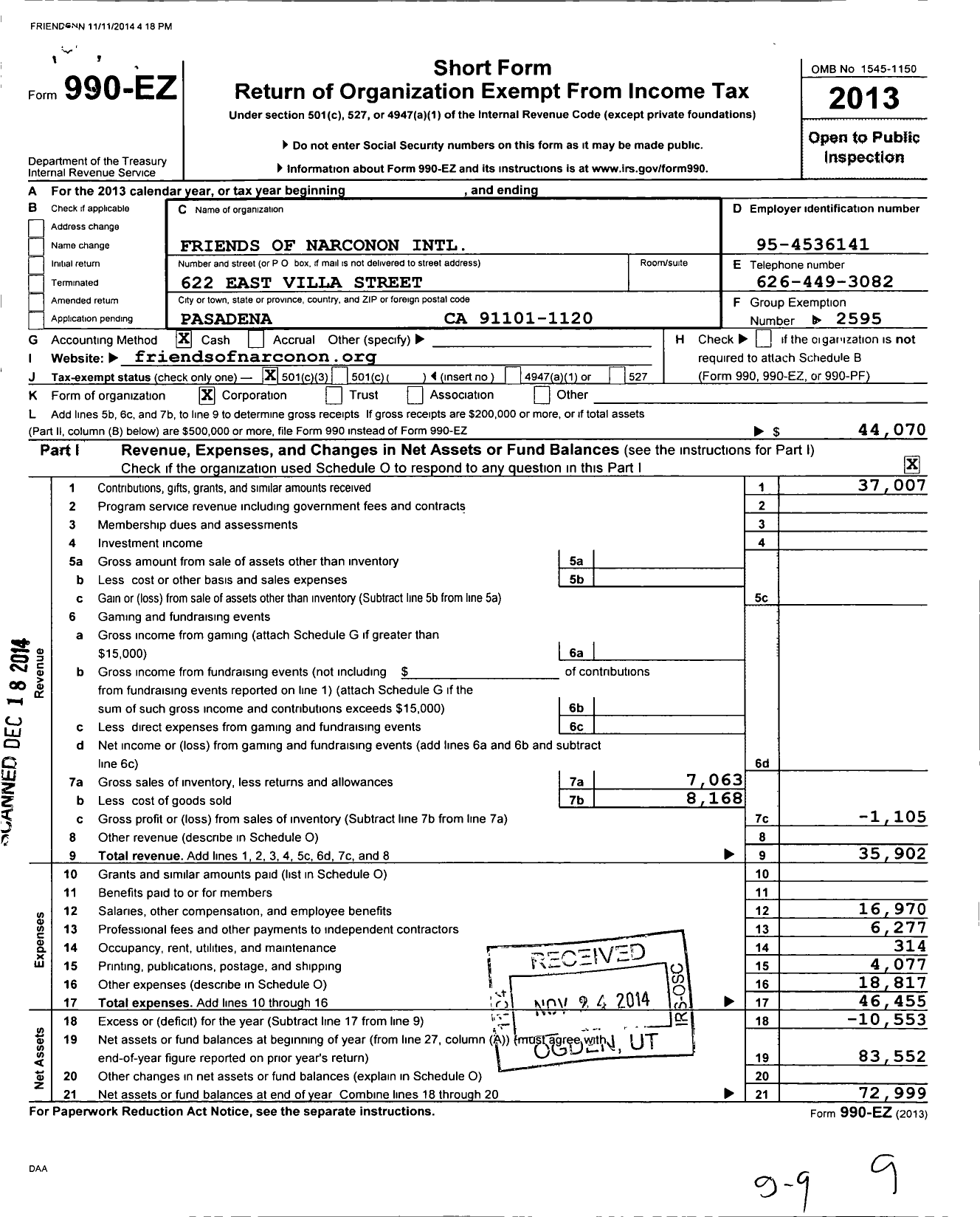 Image of first page of 2013 Form 990EZ for Narconon International / Friends of Narconon