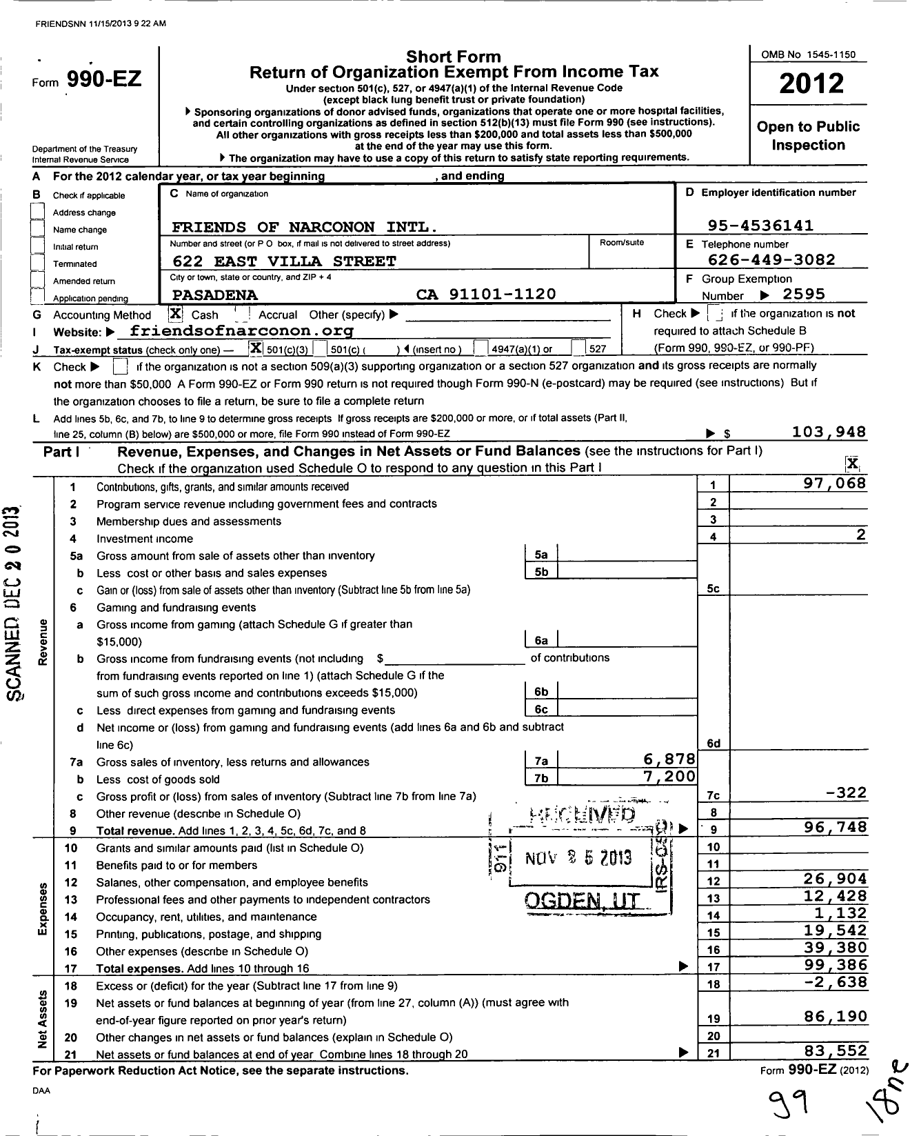 Image of first page of 2012 Form 990EZ for Narconon International / Friends of Narconon