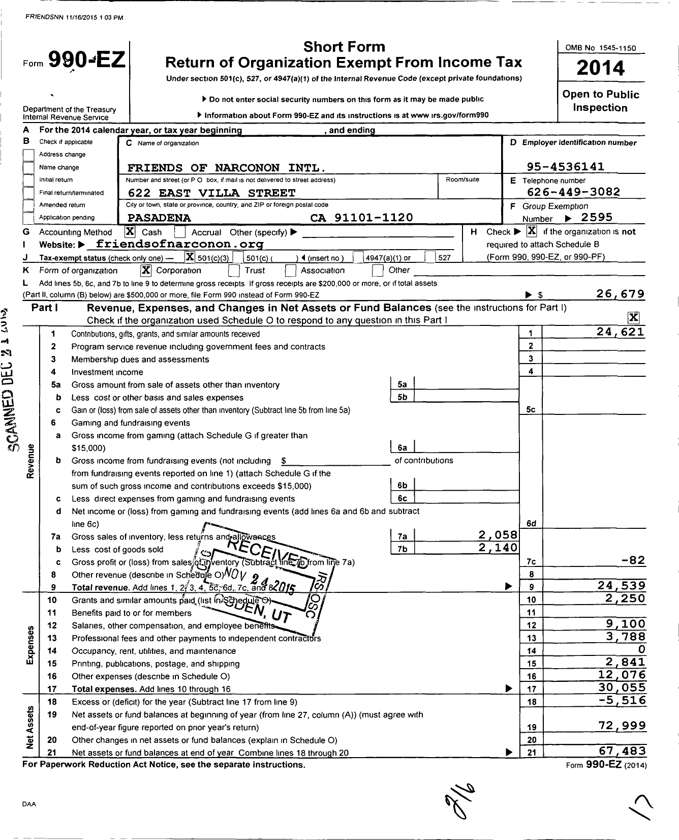 Image of first page of 2014 Form 990EZ for Narconon International / Friends of Narconon