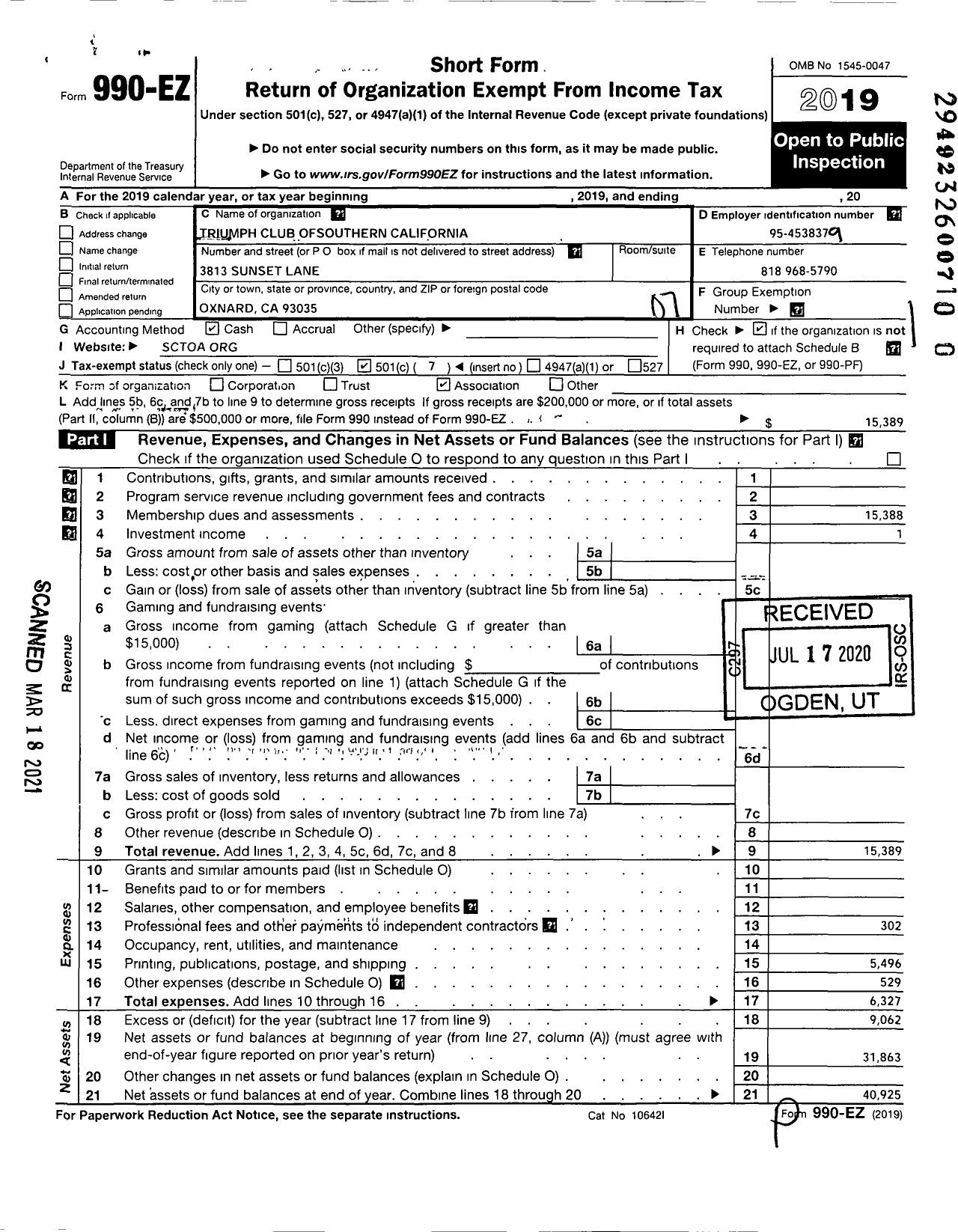 Image of first page of 2019 Form 990EO for Triuimph Club of Southern California