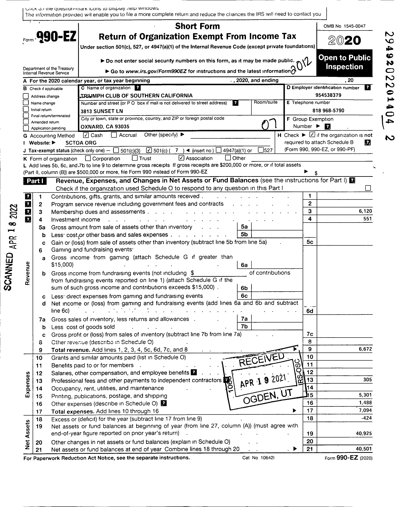 Image of first page of 2020 Form 990EO for Triuimph Club of Southern California