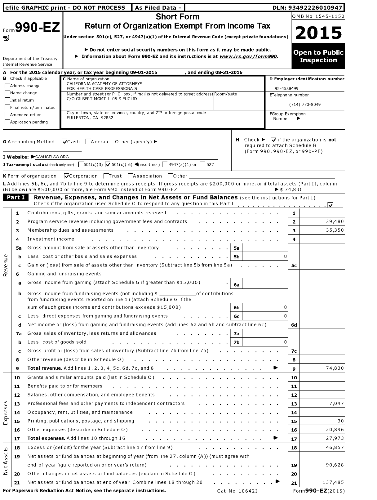 Image of first page of 2015 Form 990EO for California Academy of Attorneys for Health Care Professionals