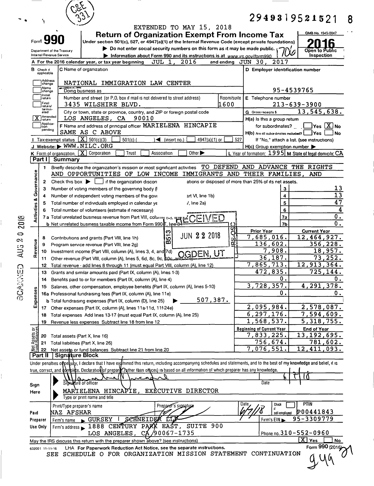 Image of first page of 2016 Form 990 for National Immigration Law Center