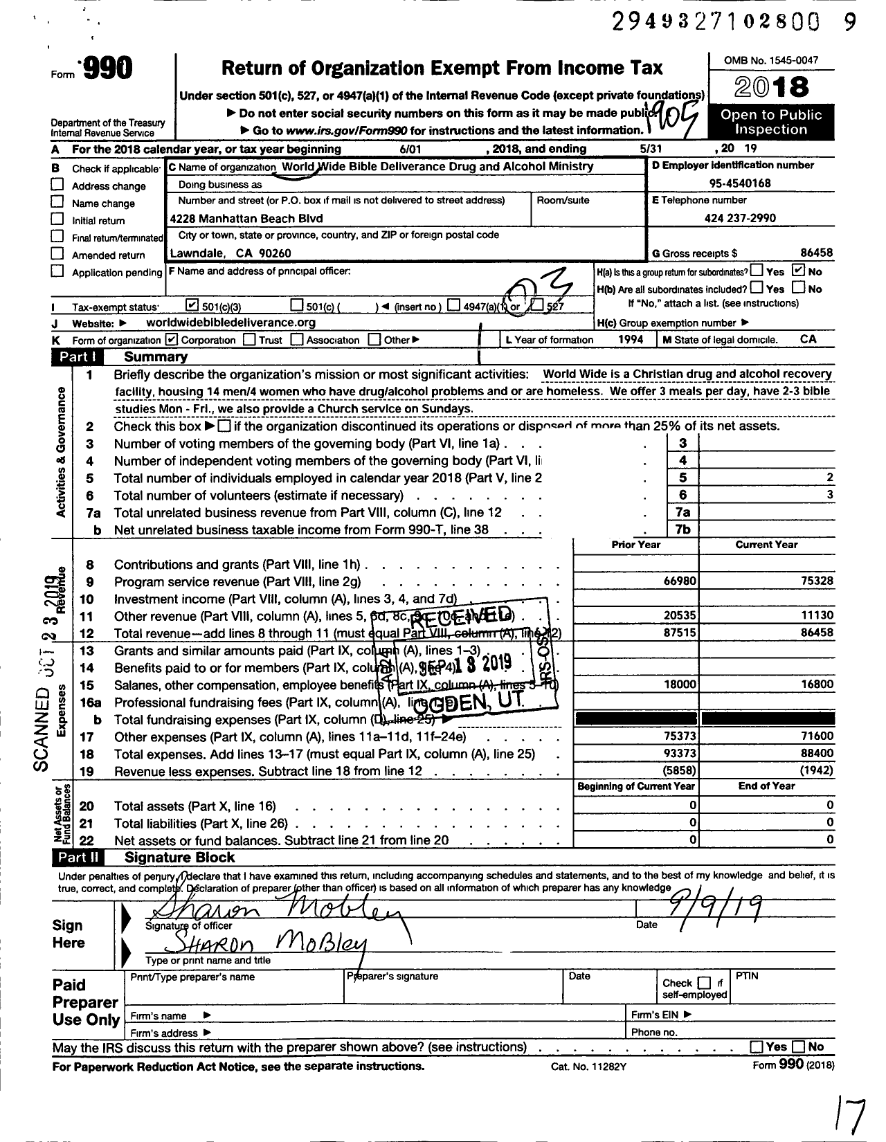 Image of first page of 2018 Form 990 for World Wide Bible Deliverance Drug and Alcohol Ministry