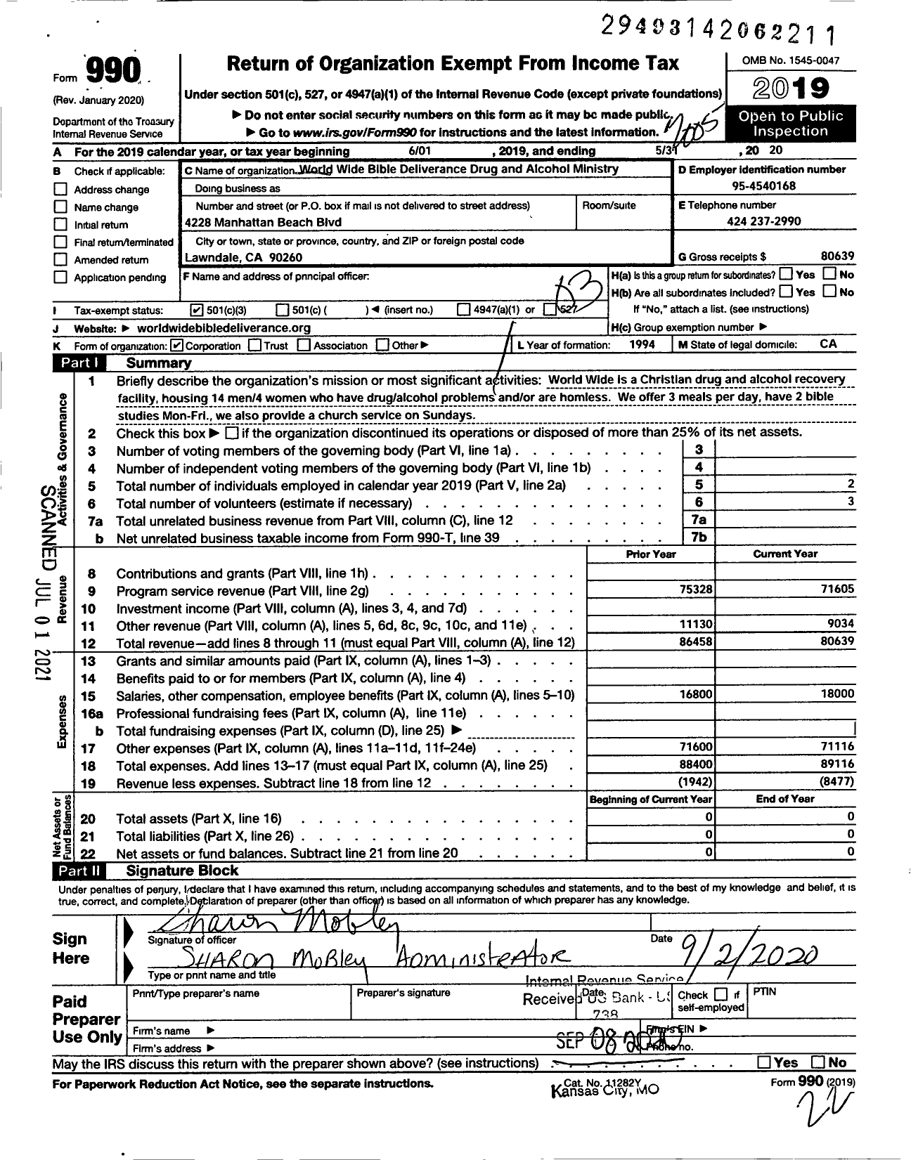 Image of first page of 2019 Form 990 for World Wide Bible Deliverance Drug and Alcohol Ministry