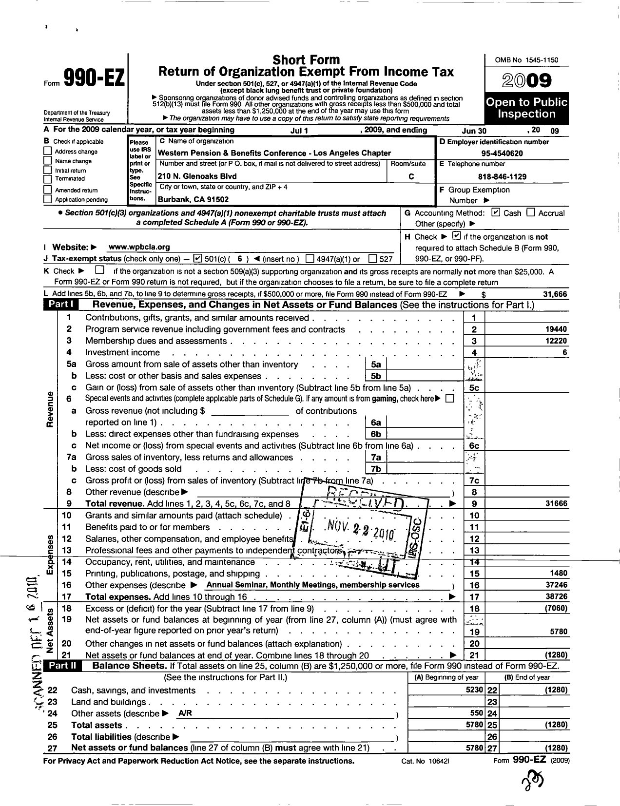 Image of first page of 2008 Form 990EO for Western Pension and Benefit Conference Los Angeles Chapter