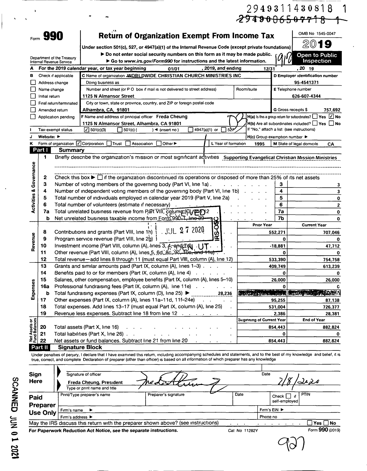 Image of first page of 2019 Form 990 for Worldwide Christian Church Ministries