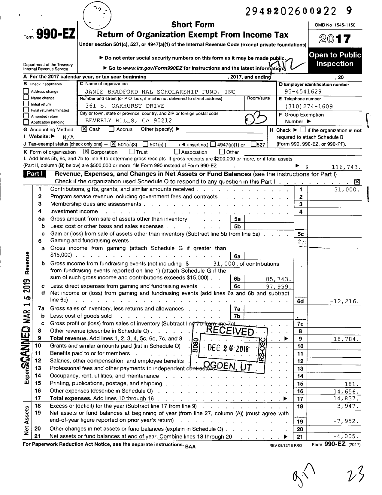 Image of first page of 2017 Form 990EZ for Janie Bradford Hal Scholarship Fund