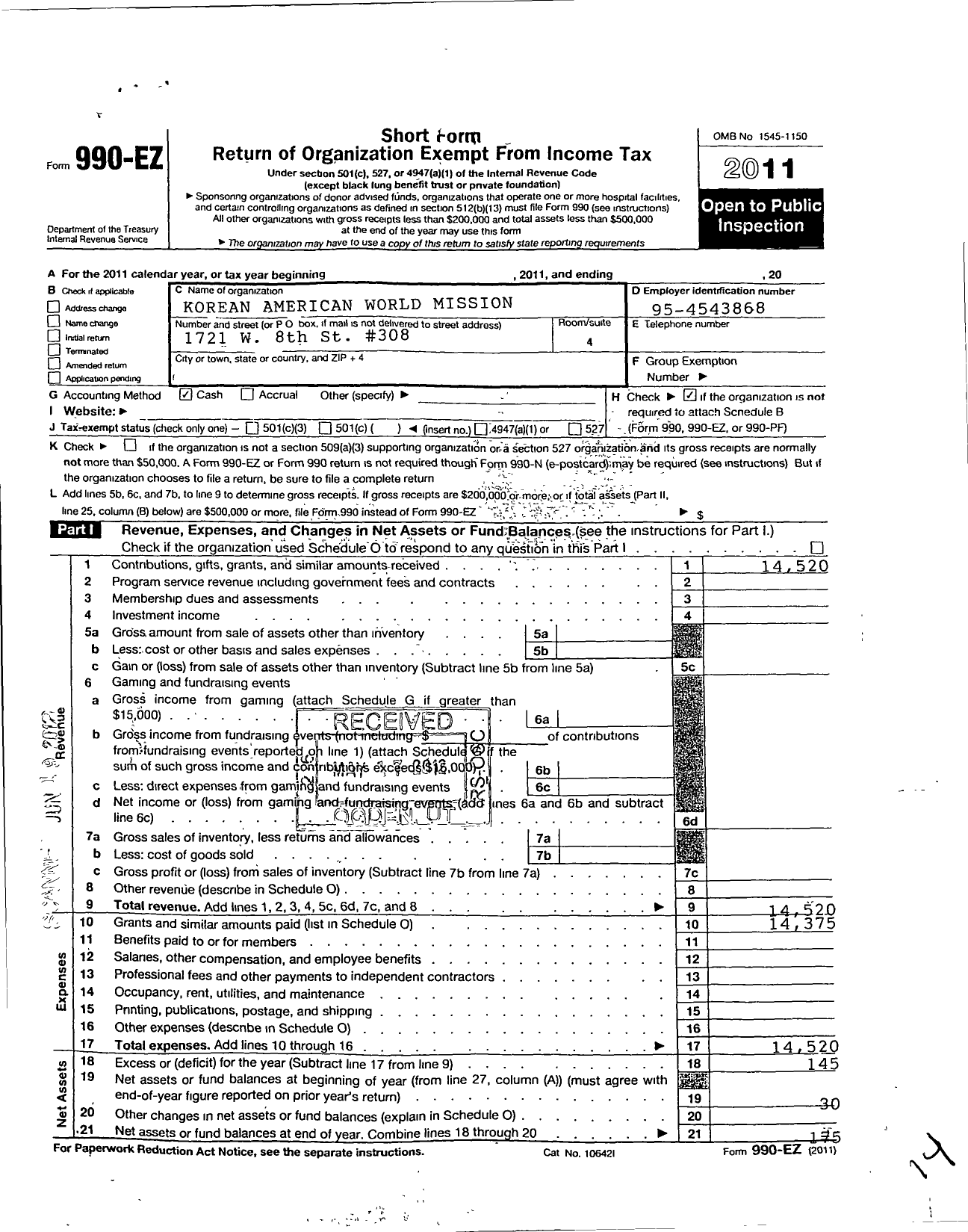 Image of first page of 2011 Form 990EO for Korean-American World Mission