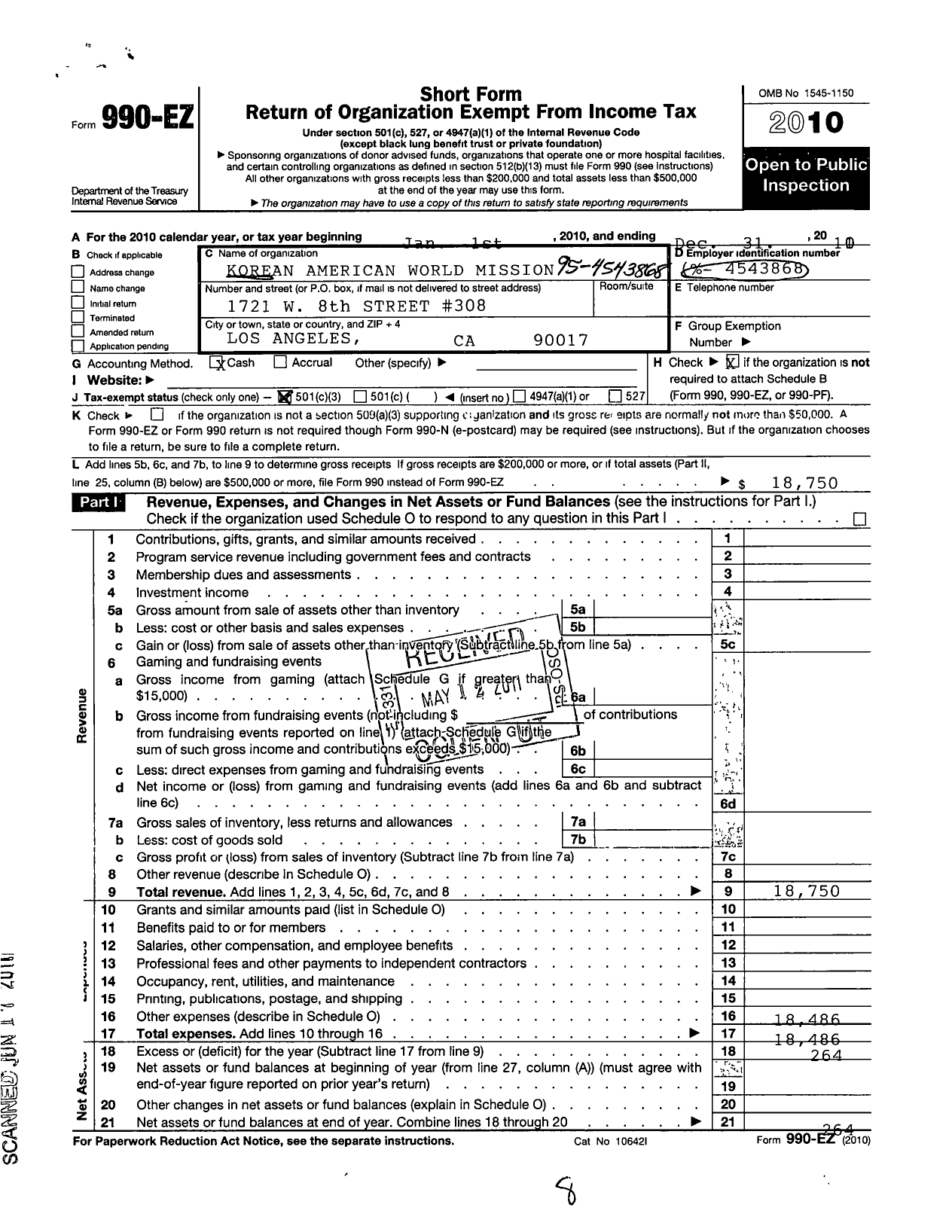 Image of first page of 2010 Form 990EZ for Korean-American World Mission