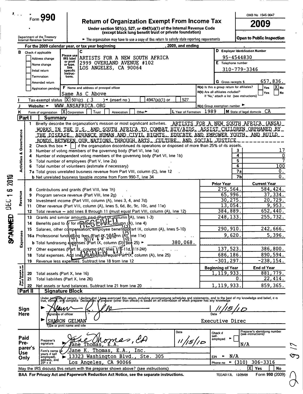 Image of first page of 2009 Form 990 for Artists for A New South Africa