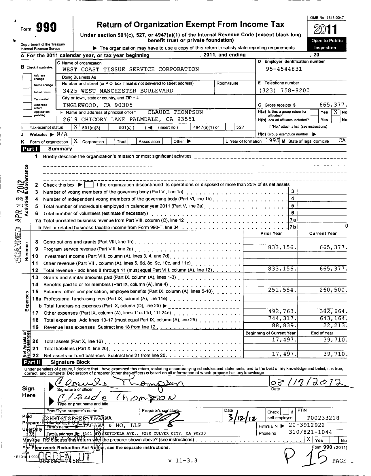 Image of first page of 2011 Form 990 for West Coast Tissue Service Corporation