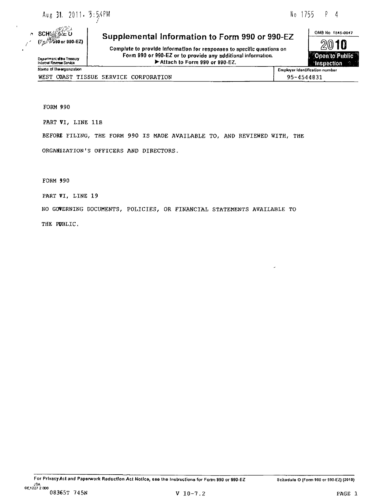 Image of first page of 2010 Form 990R for West Coast Tissue Service Corporation