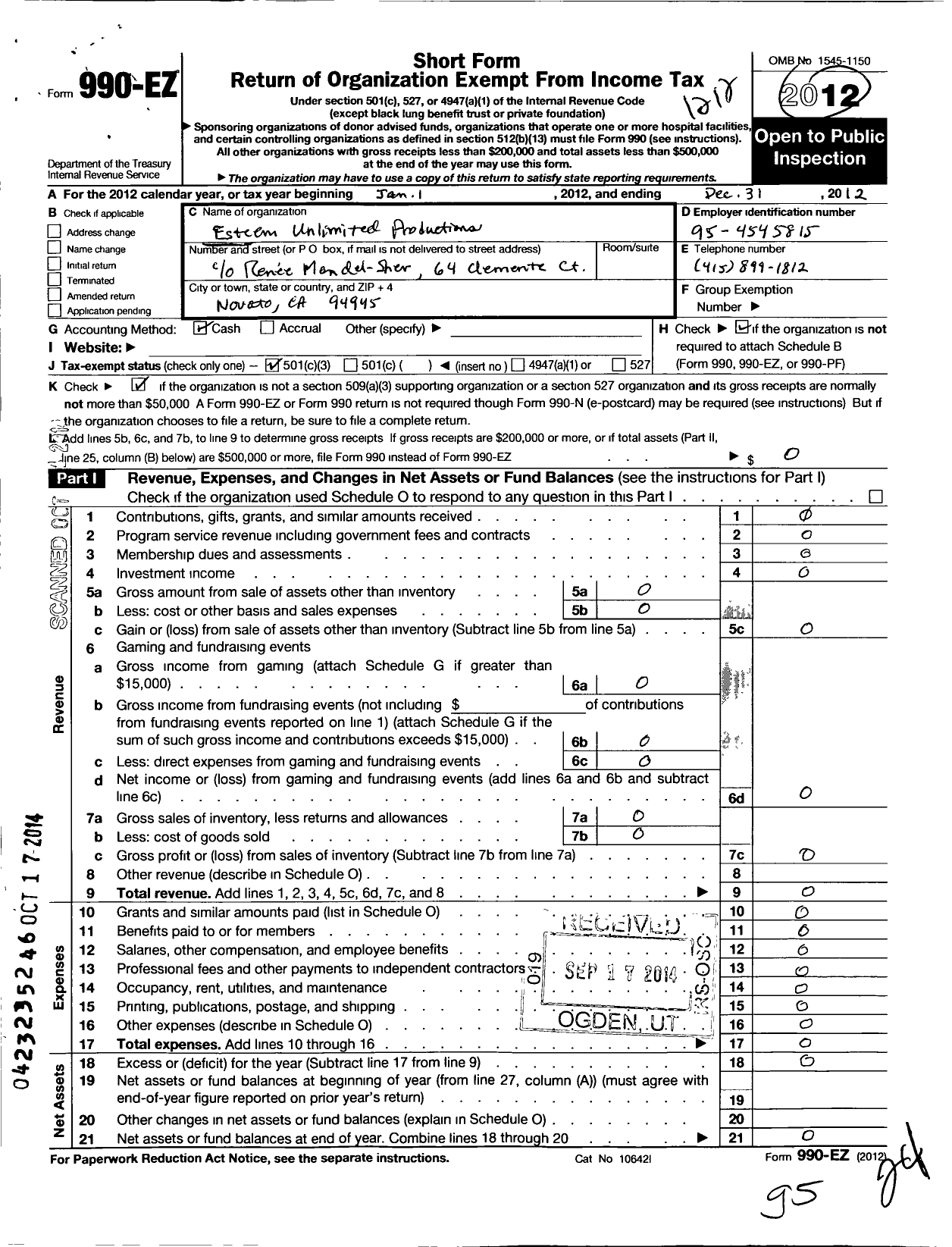 Image of first page of 2012 Form 990EZ for Esteem Unlimited Productions