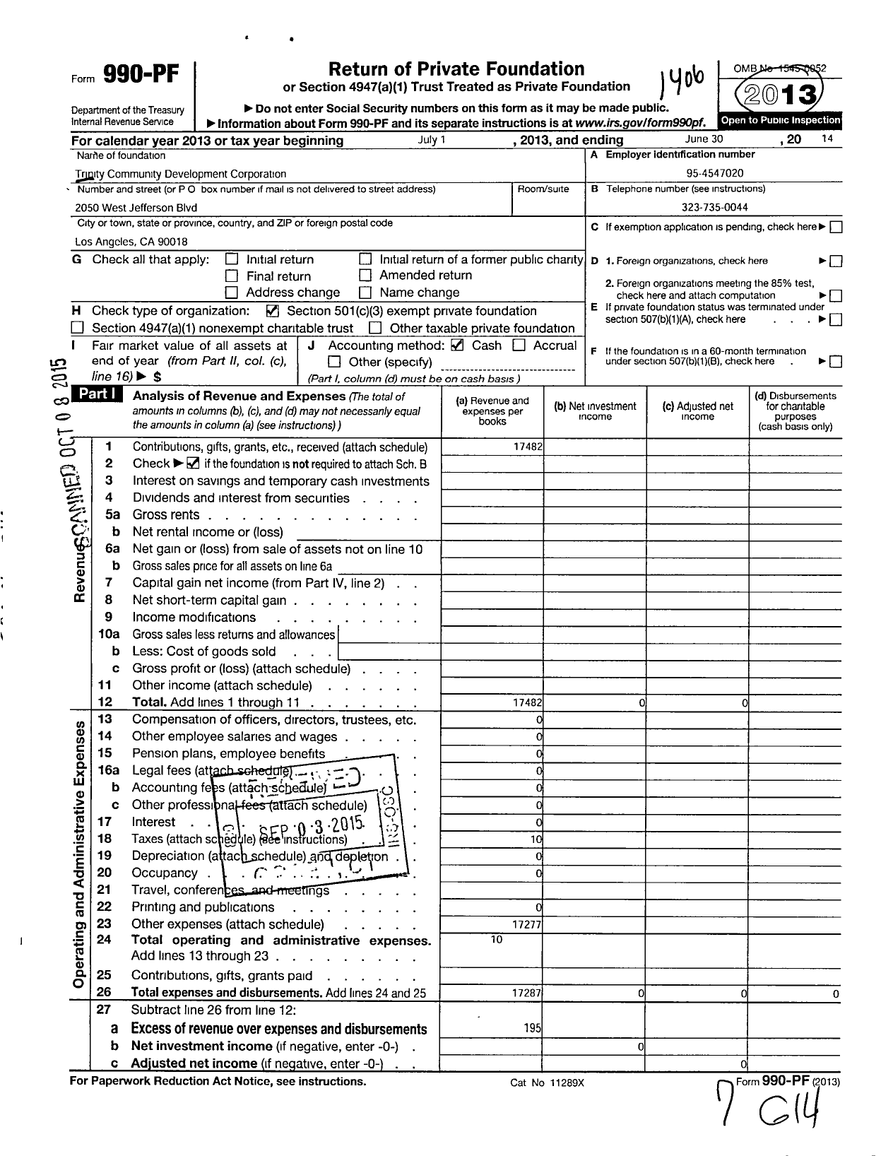 Image of first page of 2013 Form 990PF for Trinity Community Development Corporation