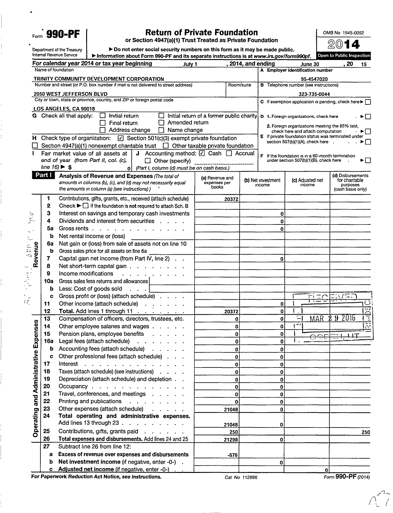 Image of first page of 2014 Form 990PF for Trinity Community Development Corporation