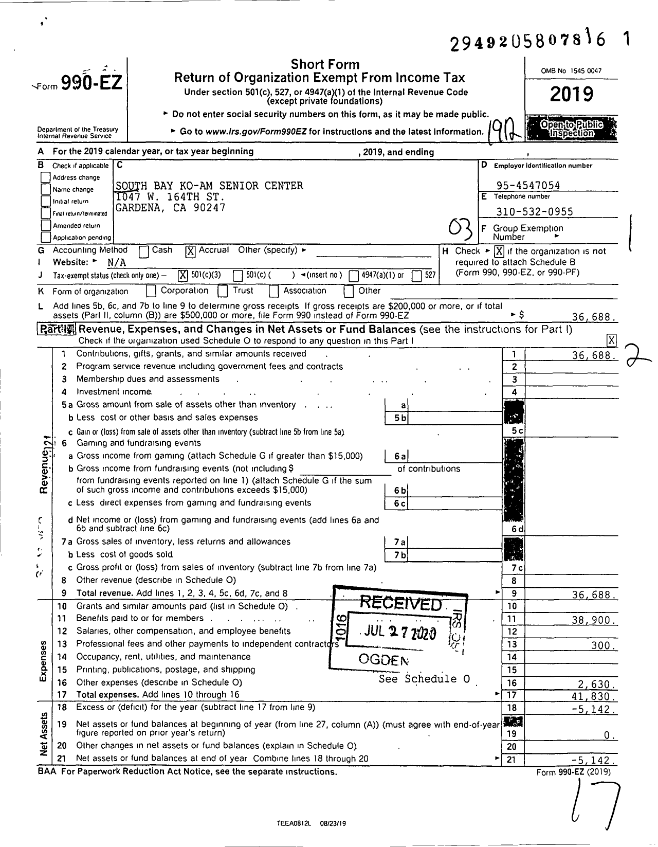 Image of first page of 2019 Form 990EZ for South Bay Ko-Am Senior Center