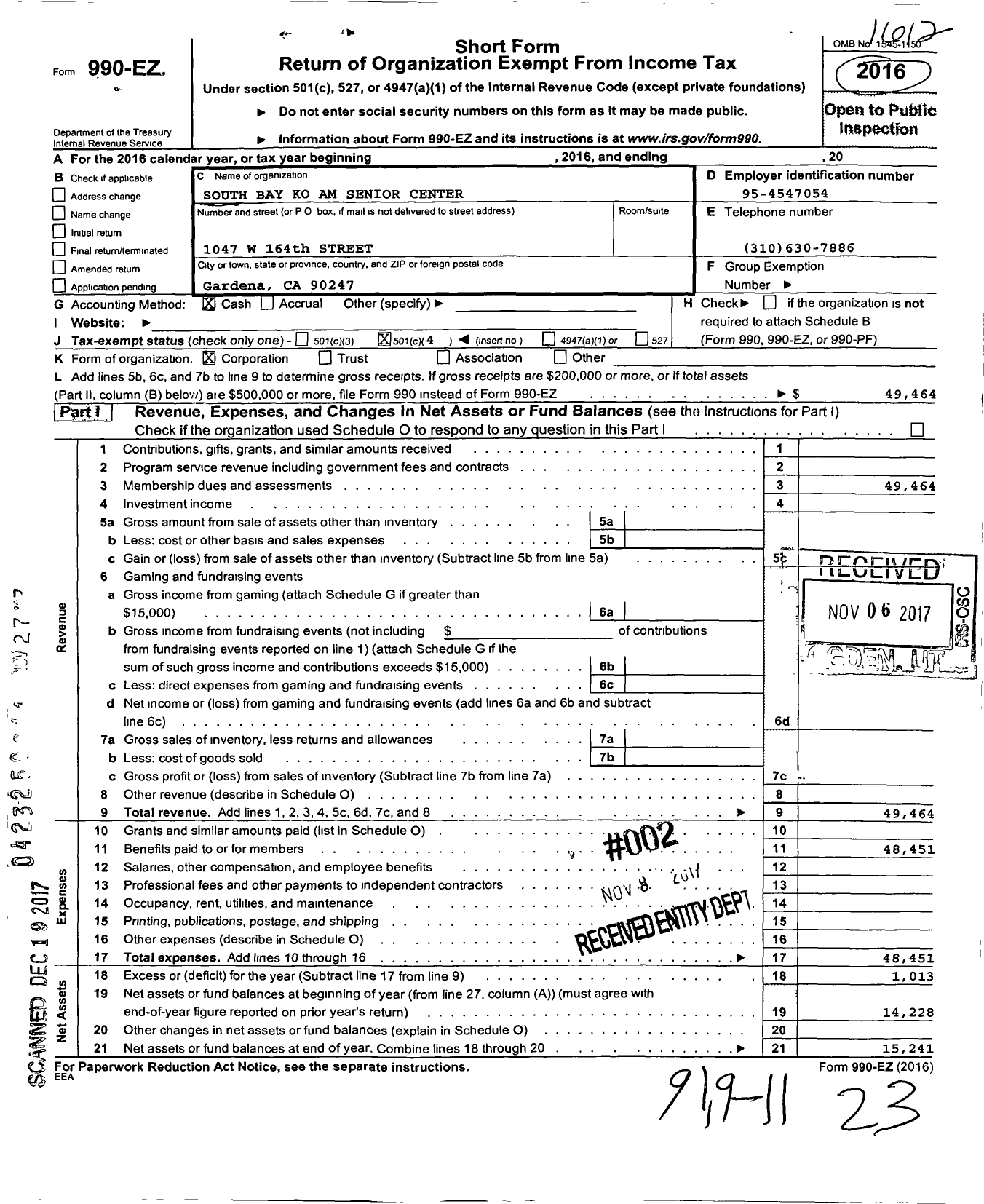 Image of first page of 2016 Form 990EO for South Bay Ko-Am Senior Center