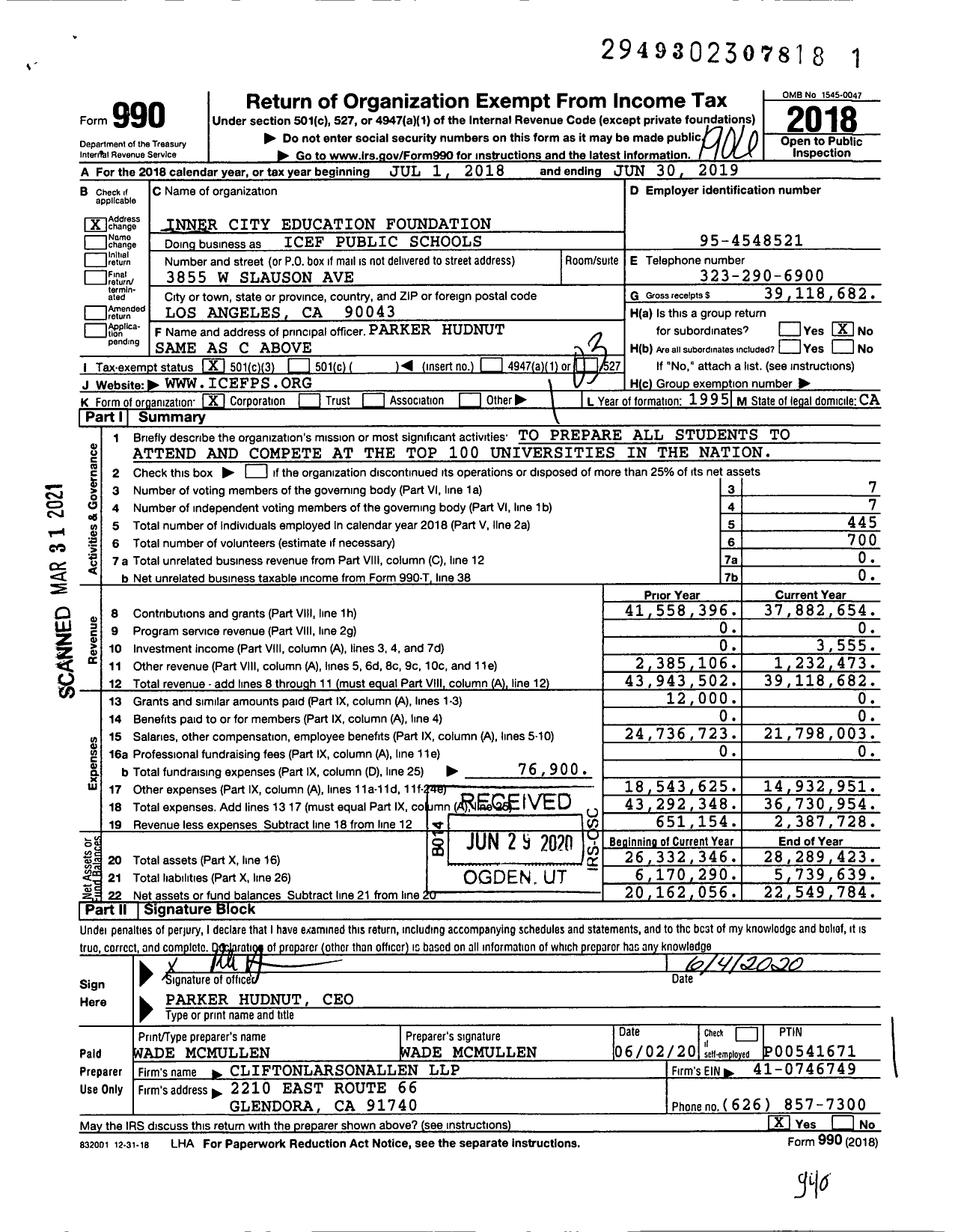 Image of first page of 2018 Form 990 for ICEF Public Schools (ICEF)