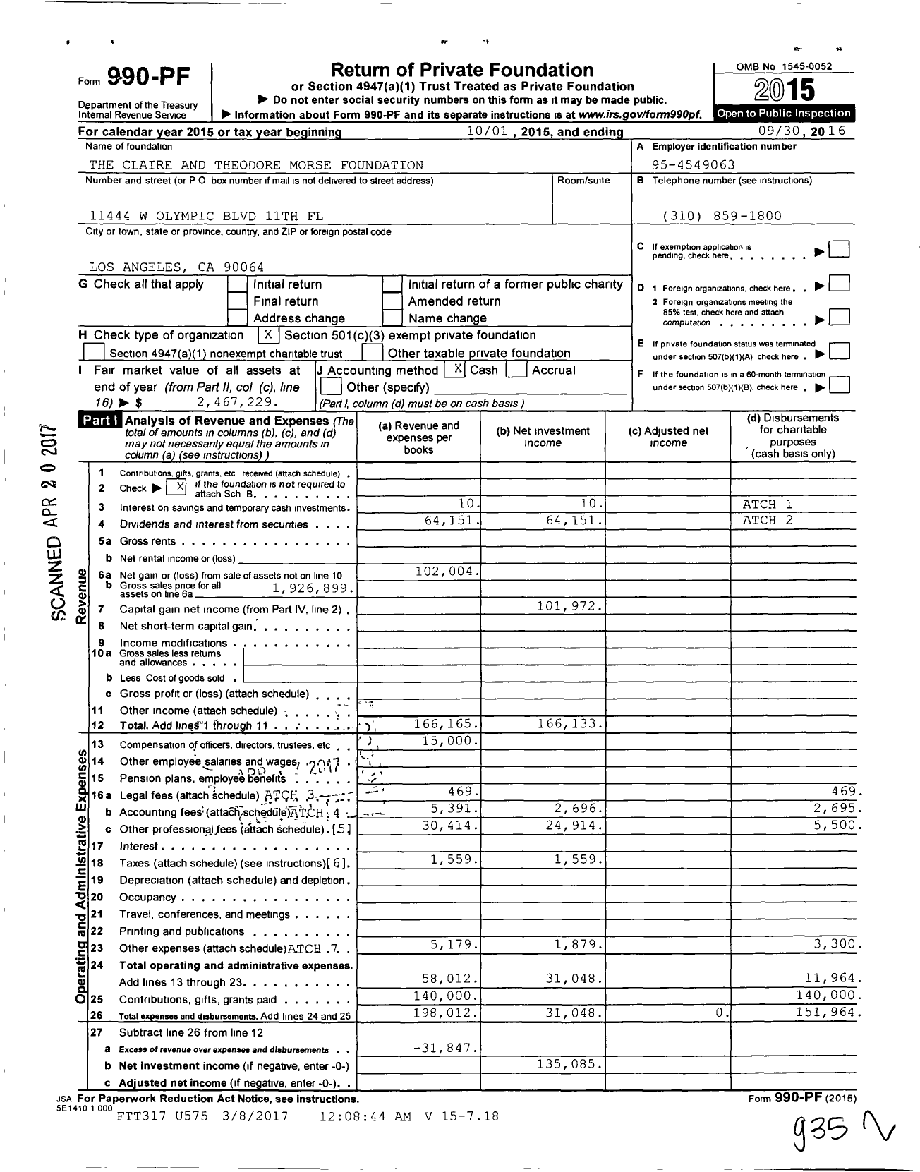 Image of first page of 2015 Form 990PF for The Claire and Theodore Morse Foundation