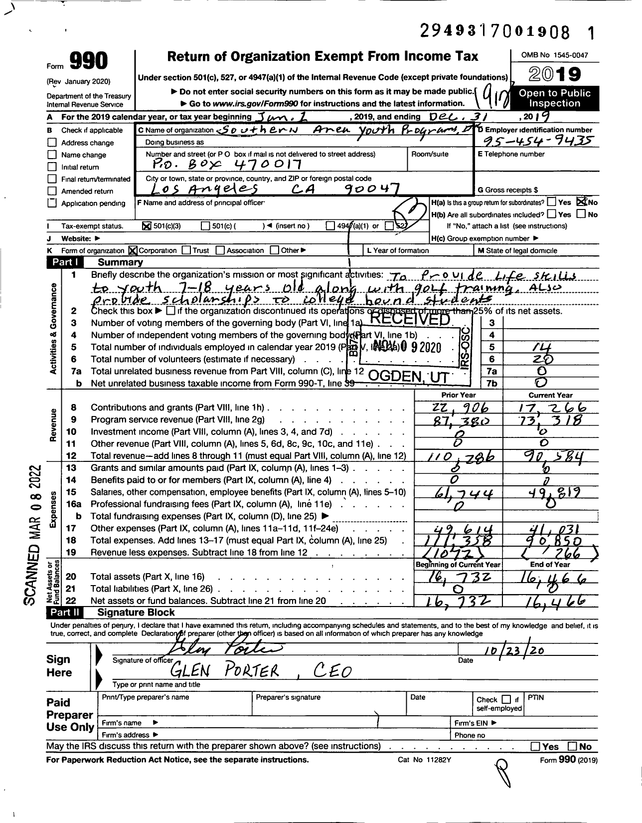 Image of first page of 2019 Form 990 for Southern Area Youth Programs