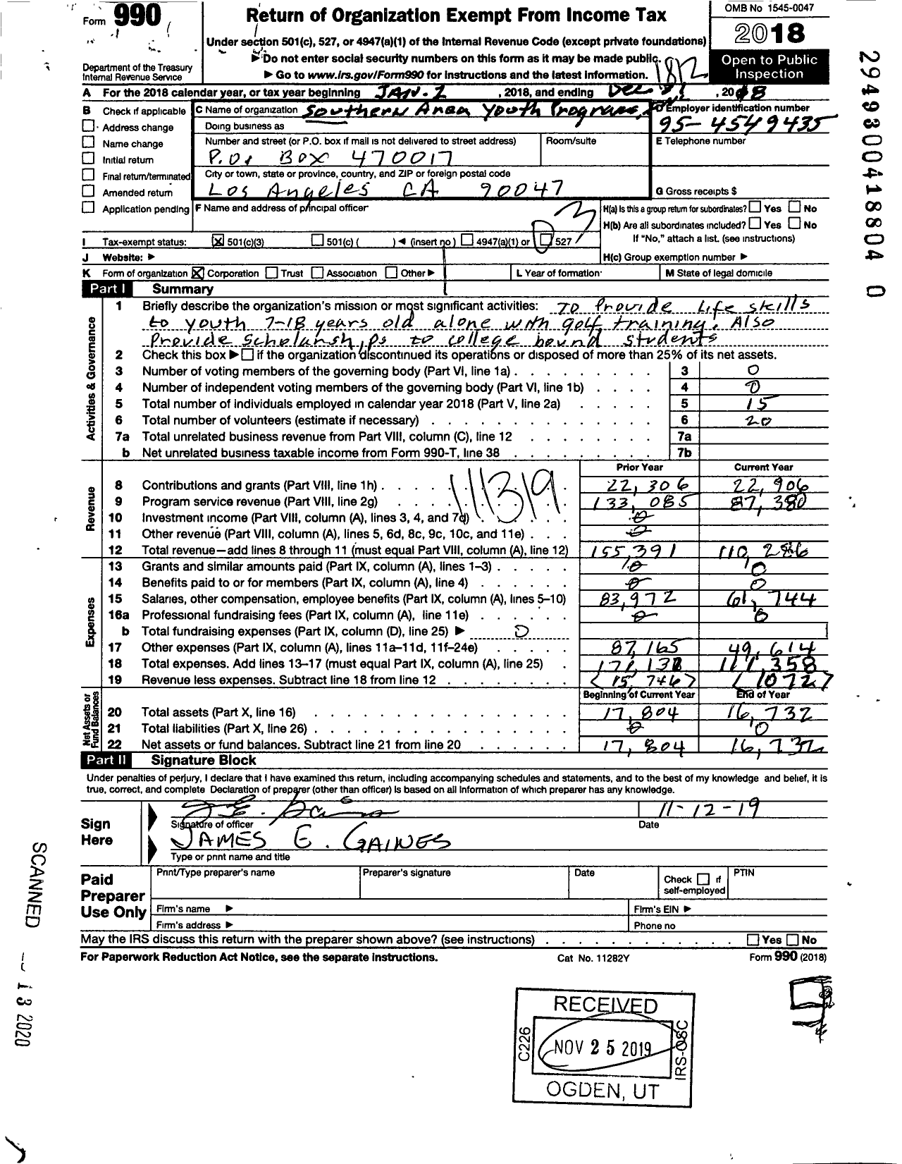 Image of first page of 2018 Form 990 for Southern Area Youth Programs