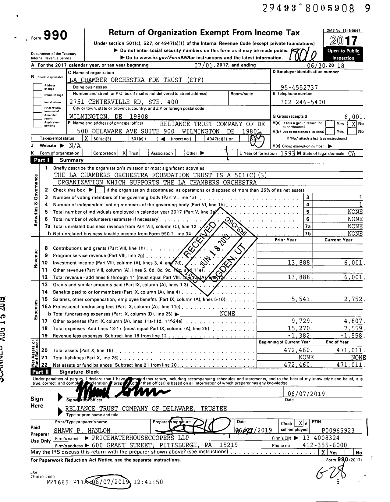 Image of first page of 2017 Form 990 for Los Angeles Chamber Orchestra Foundation Trust