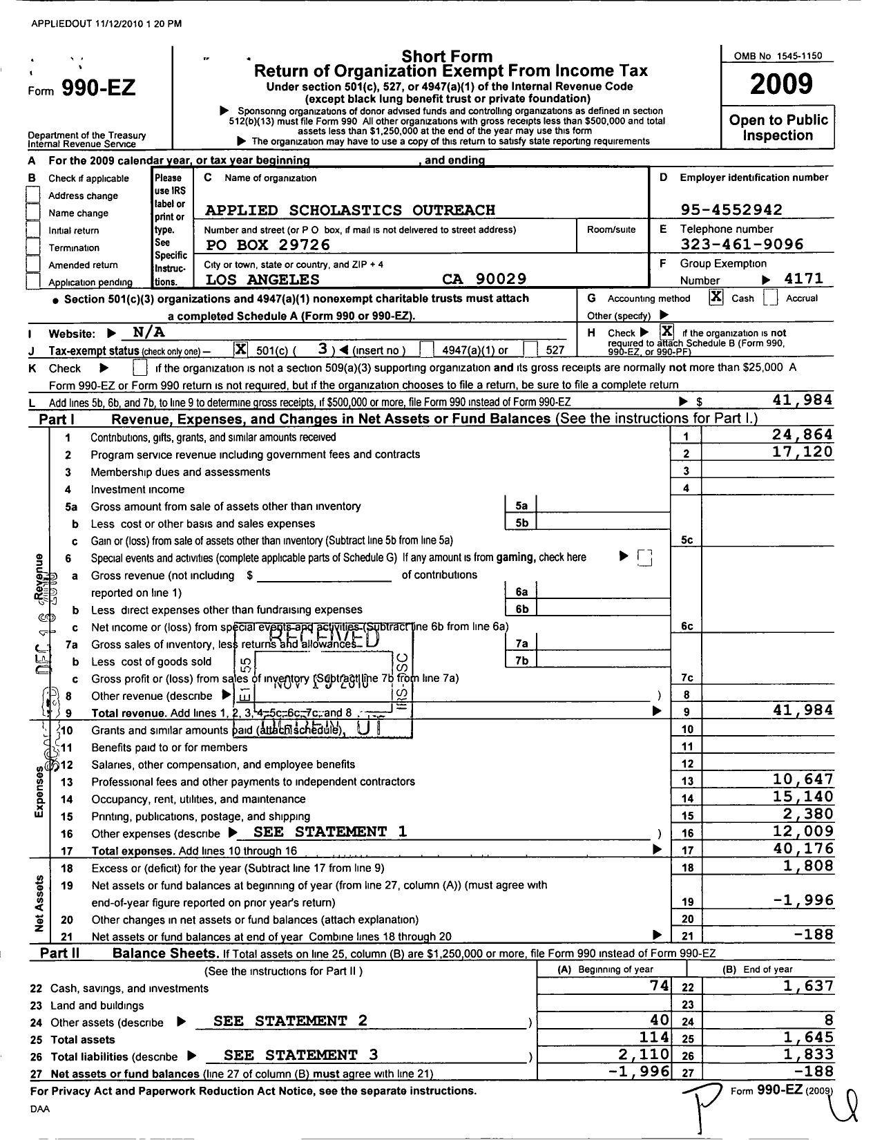 Image of first page of 2009 Form 990EZ for Applied Scholastics International / Applied Scholastics Outreach