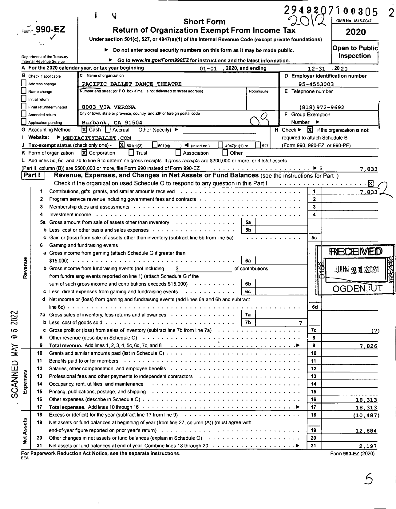 Image of first page of 2020 Form 990EZ for Pacific Ballet Dance Theatre