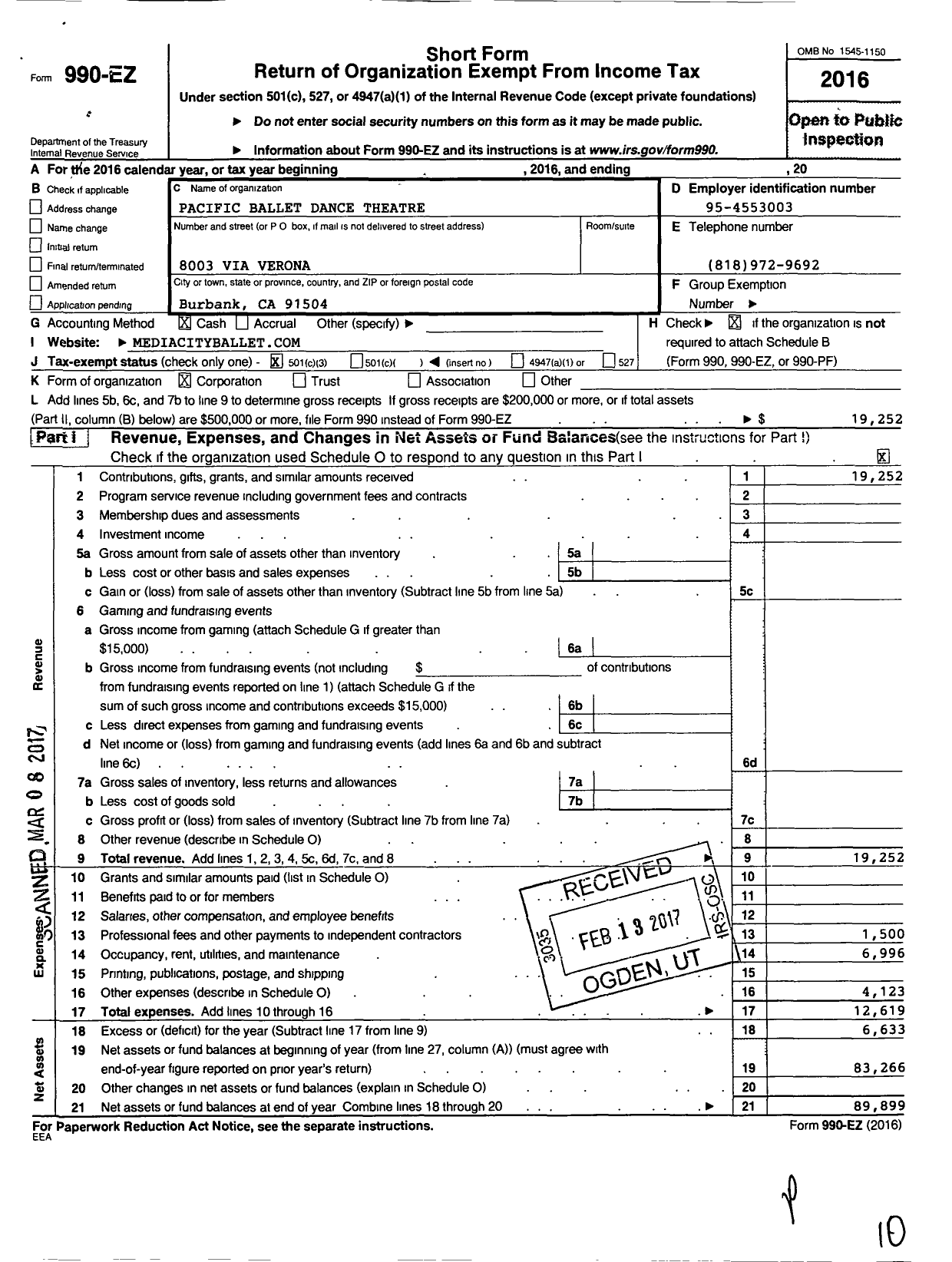 Image of first page of 2016 Form 990EZ for Pacific Ballet Dance Theatre