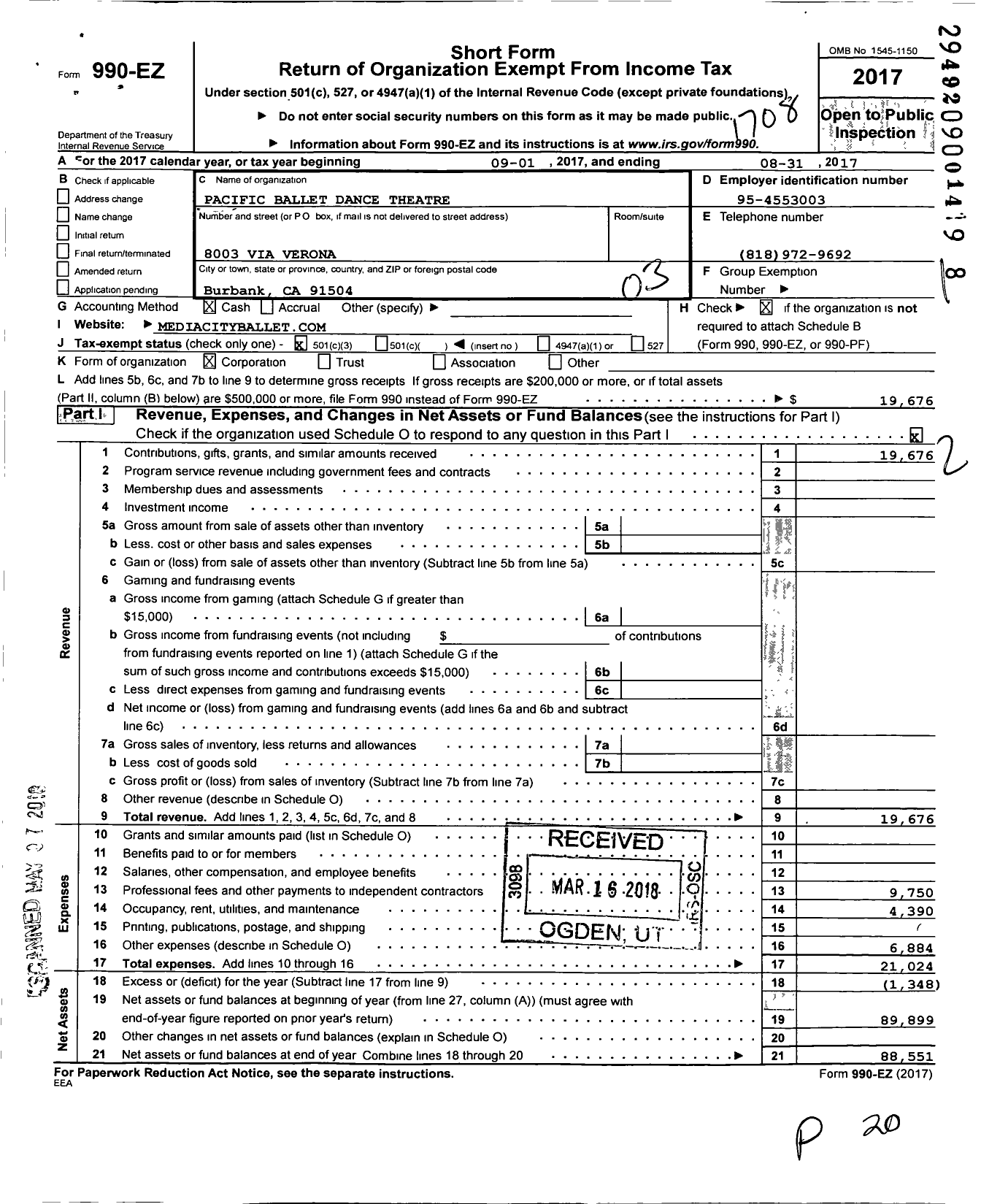 Image of first page of 2016 Form 990EZ for Pacific Ballet Dance Theatre