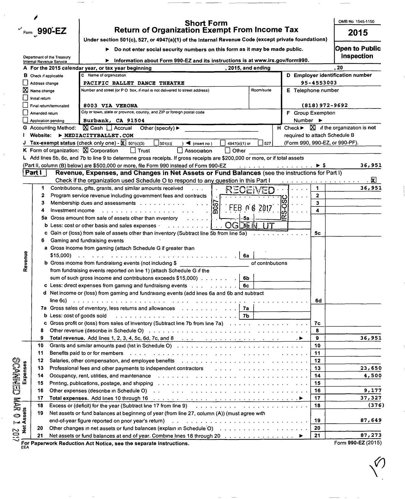 Image of first page of 2015 Form 990EZ for Pacific Ballet Dance Theatre