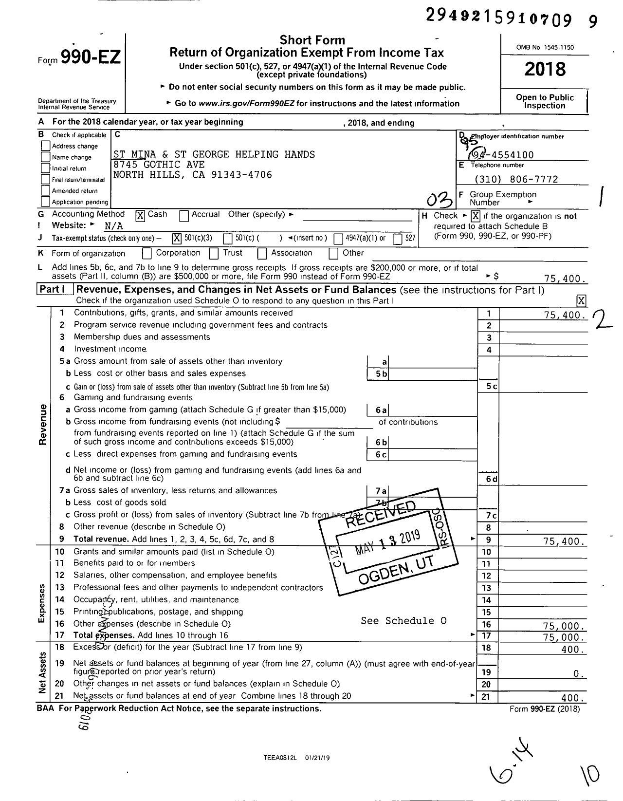 Image of first page of 2018 Form 990EZ for St Mina and St George Helping Hands