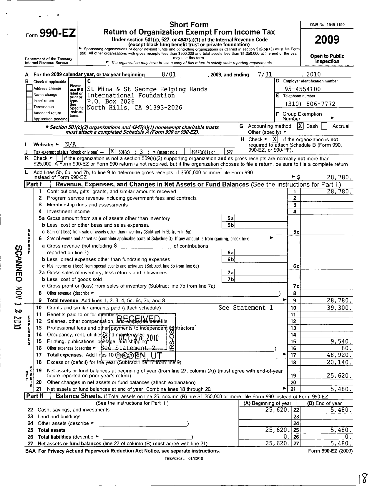 Image of first page of 2009 Form 990EZ for St Mina and St George Helping Hands