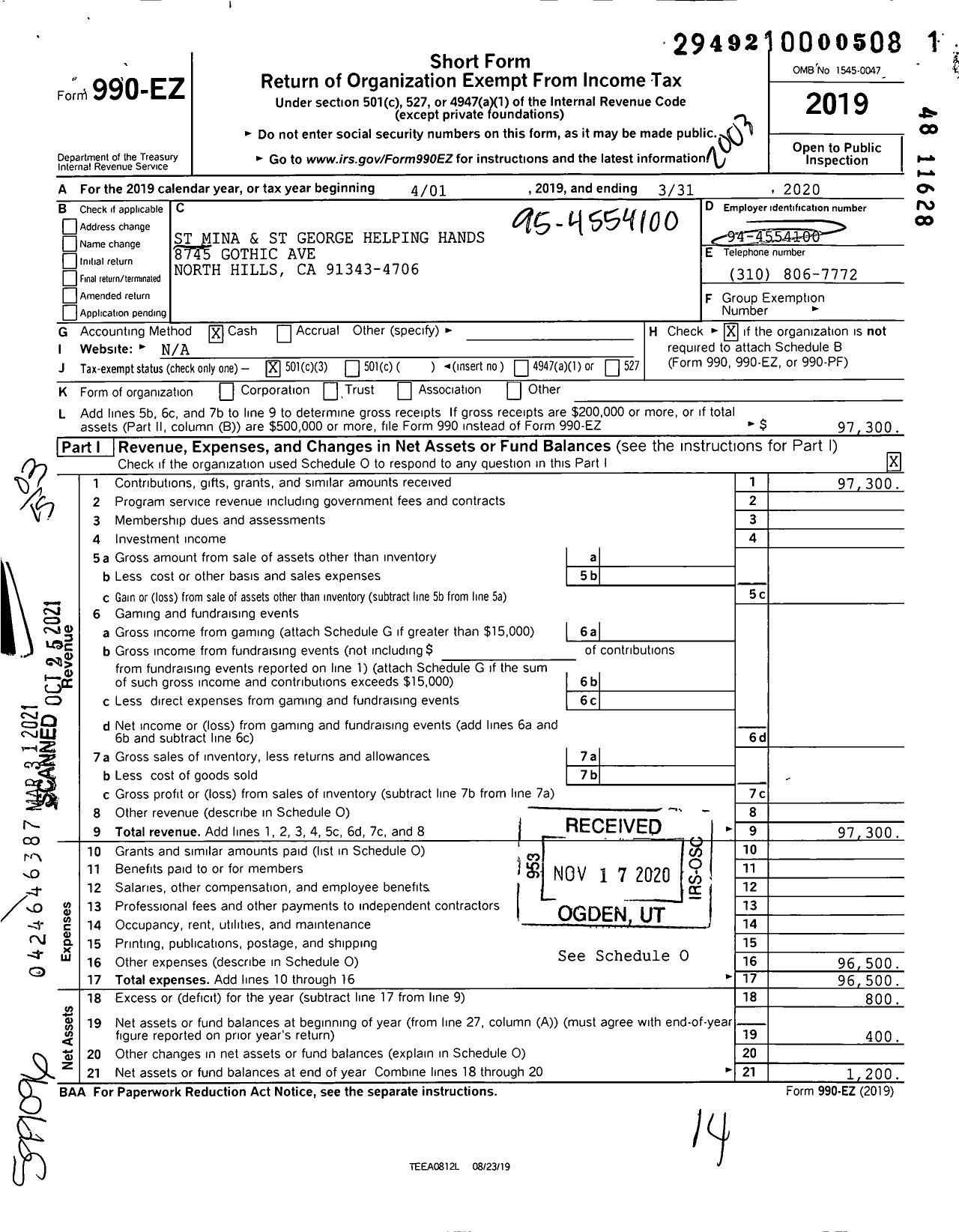 Image of first page of 2019 Form 990EZ for St Mina and St George Helping Hands