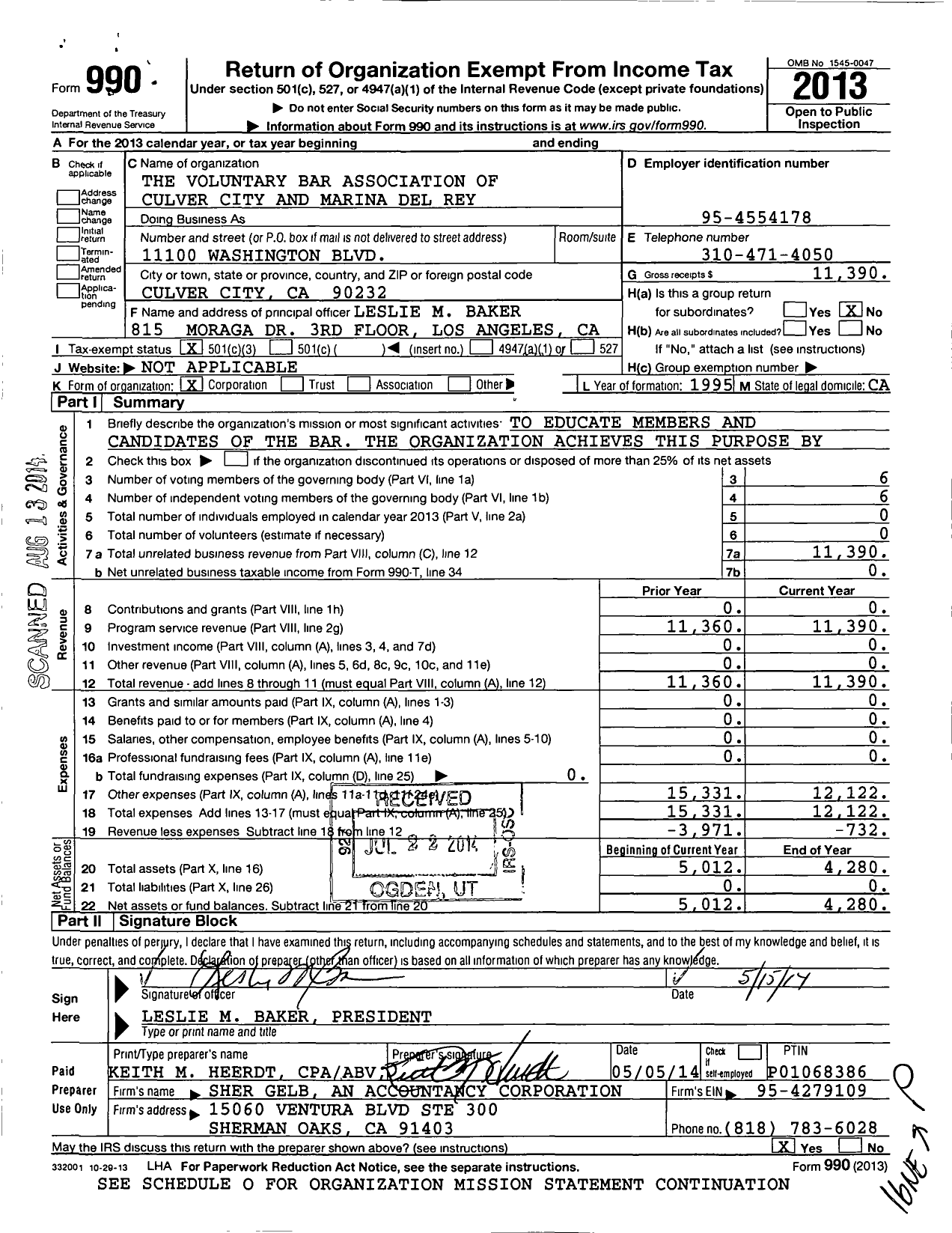 Image of first page of 2013 Form 990 for Voluntary Bar Association of Culver City and Marina Del Rey