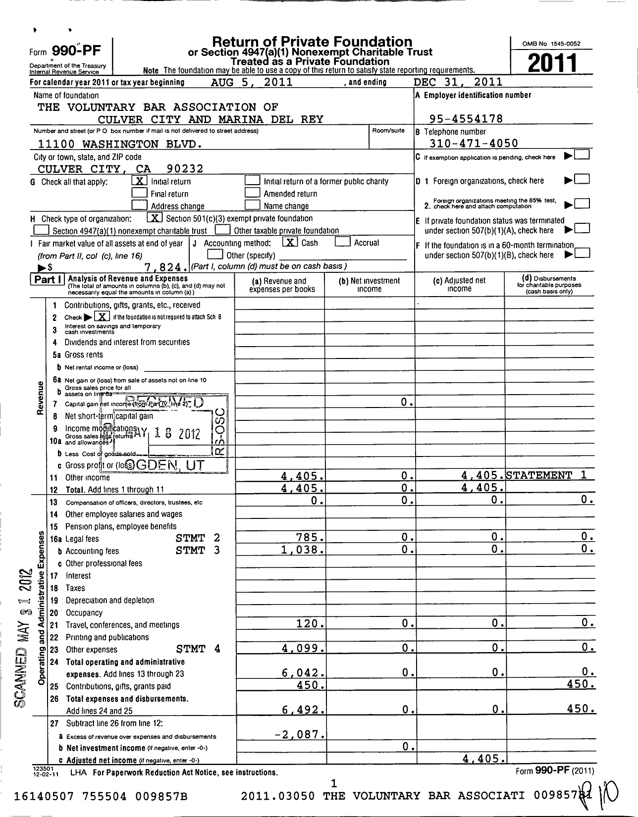 Image of first page of 2011 Form 990PF for Voluntary Bar Association of Culver City and Marina Del Rey