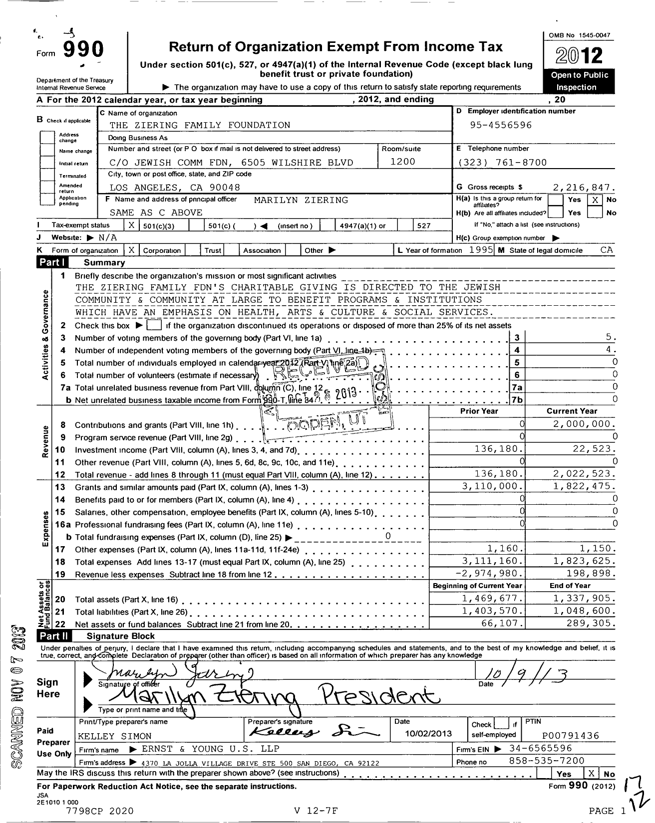 Image of first page of 2012 Form 990 for The Ziering Family Foundation