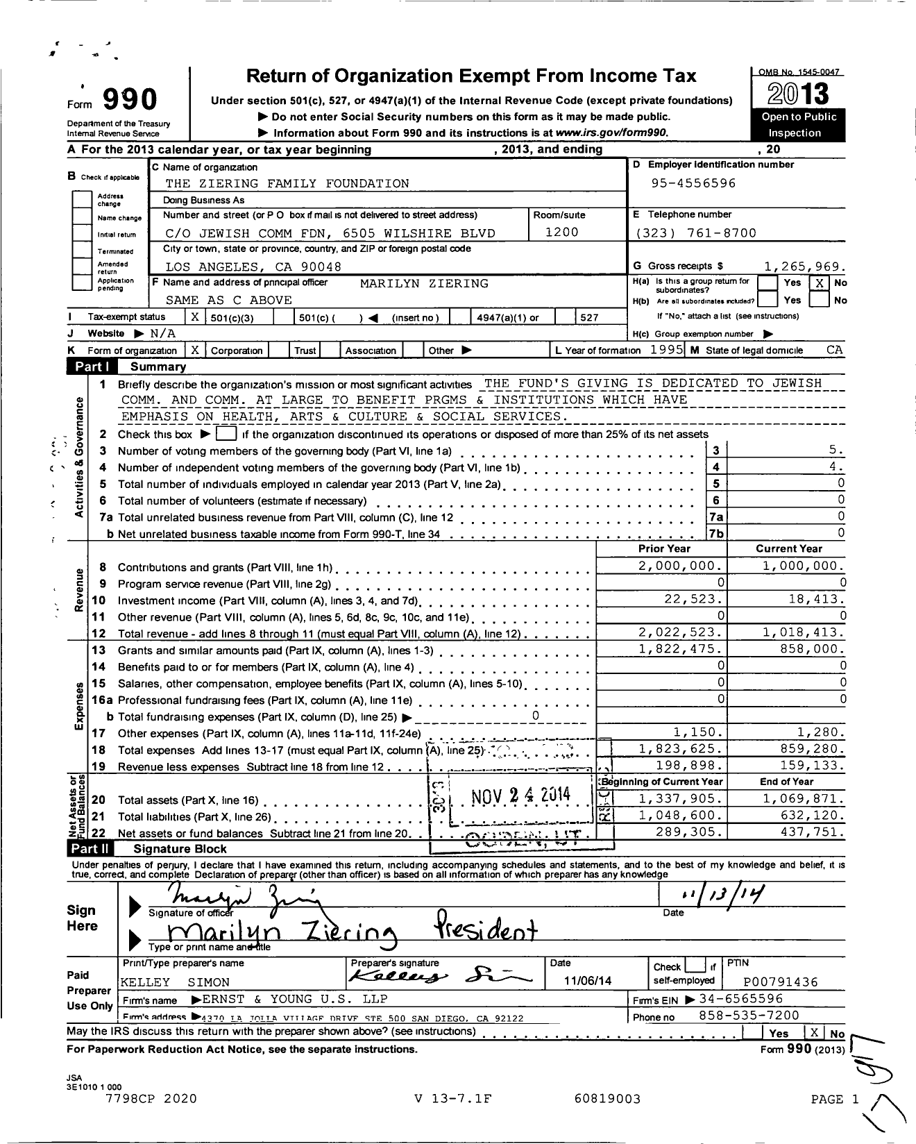 Image of first page of 2013 Form 990 for The Ziering Family Foundation