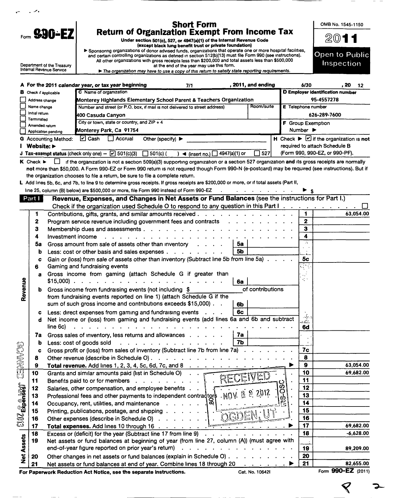 Image of first page of 2011 Form 990EZ for Monterey Highlands Elementary School Parent and Teachers Organization